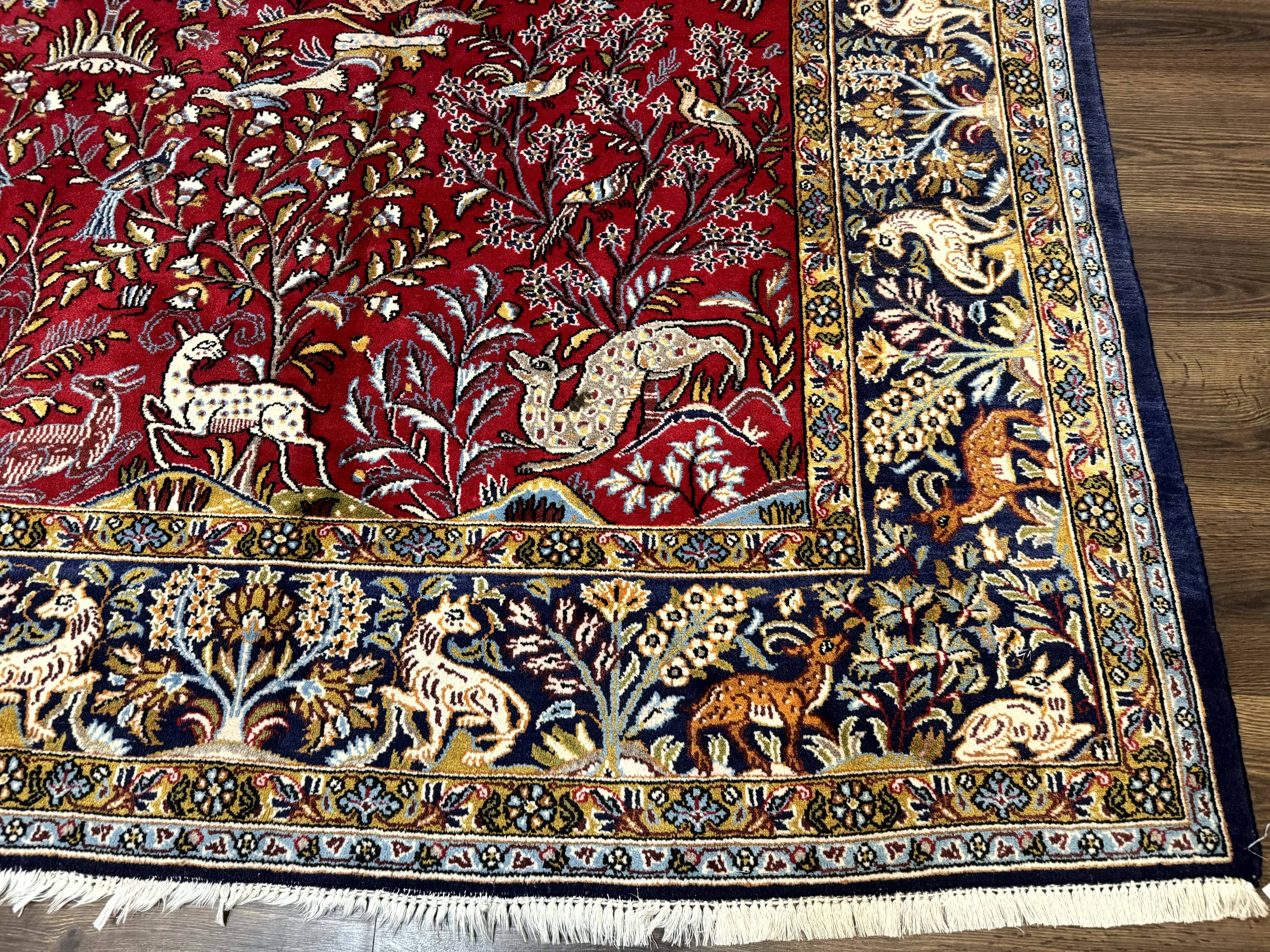 Persian Qum Rug 9x12, Animal Pictorials, Deer Birds, Tree of Life, Red and Navy Blue