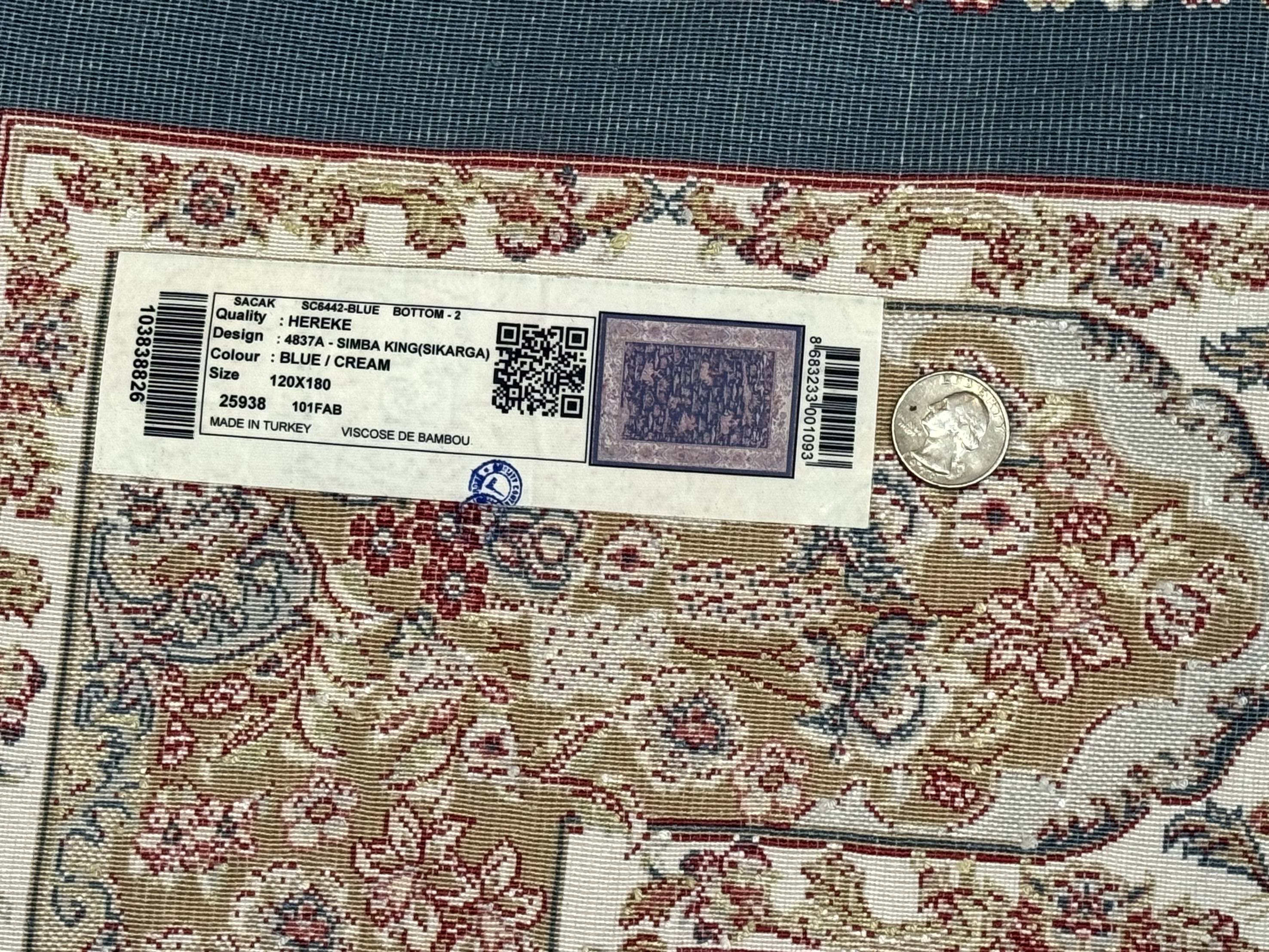 Turkish Silk Hunting Design Rug 4x6, Dark Steel Blue & Ivory, Bamboo Silk, New