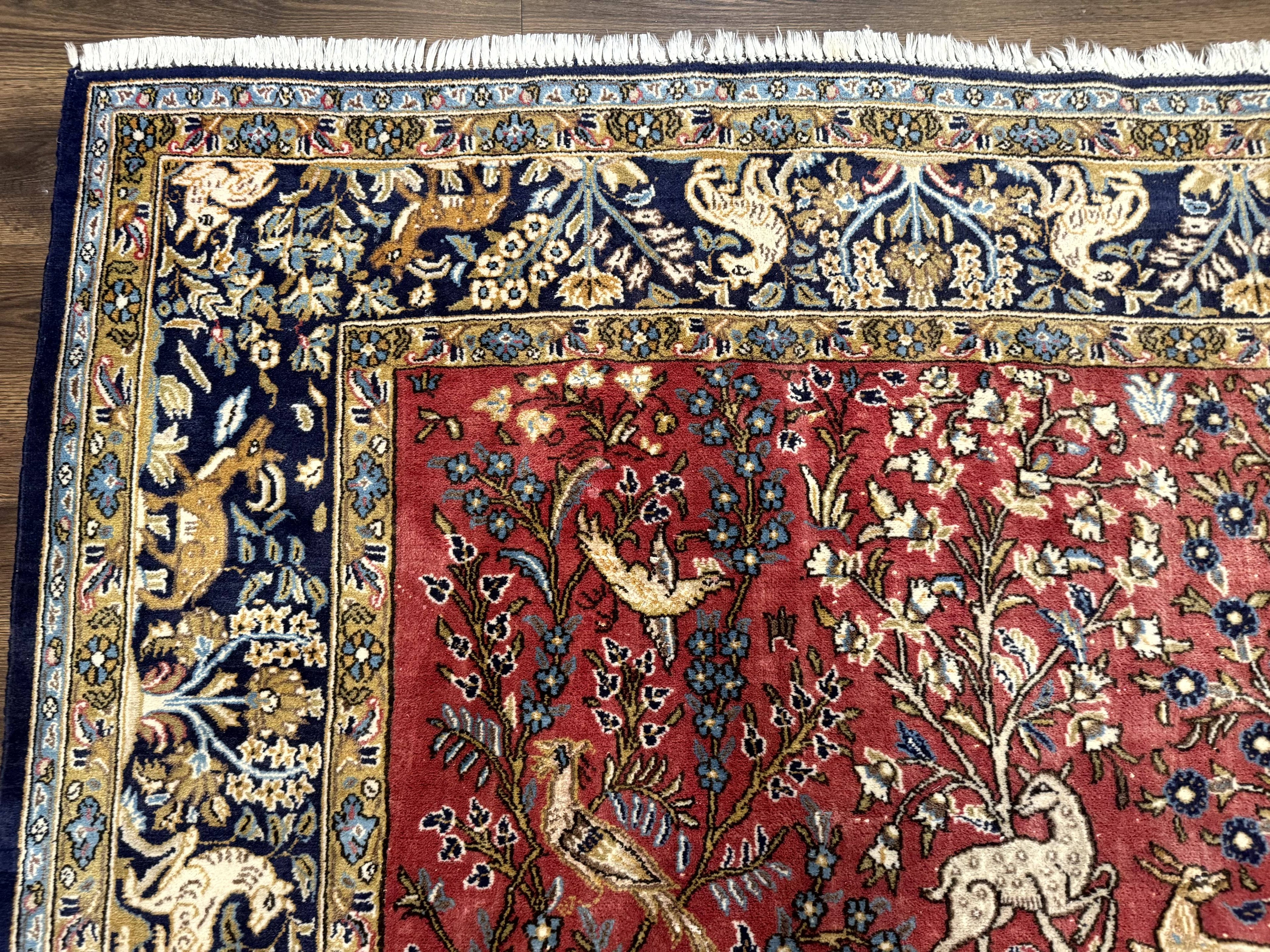 Persian Qum Rug 9x12, Animal Pictorials, Deer Birds, Tree of Life, Red and Navy Blue