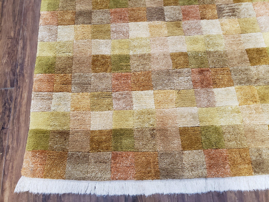 4x6 Tibetan Rug, Modern Abstract Handmade Area Rug, Checkerboard Pattern, Neutral Ivory Gold Tan Colors, Soft Pile, Mid Sized Rug, Nepali