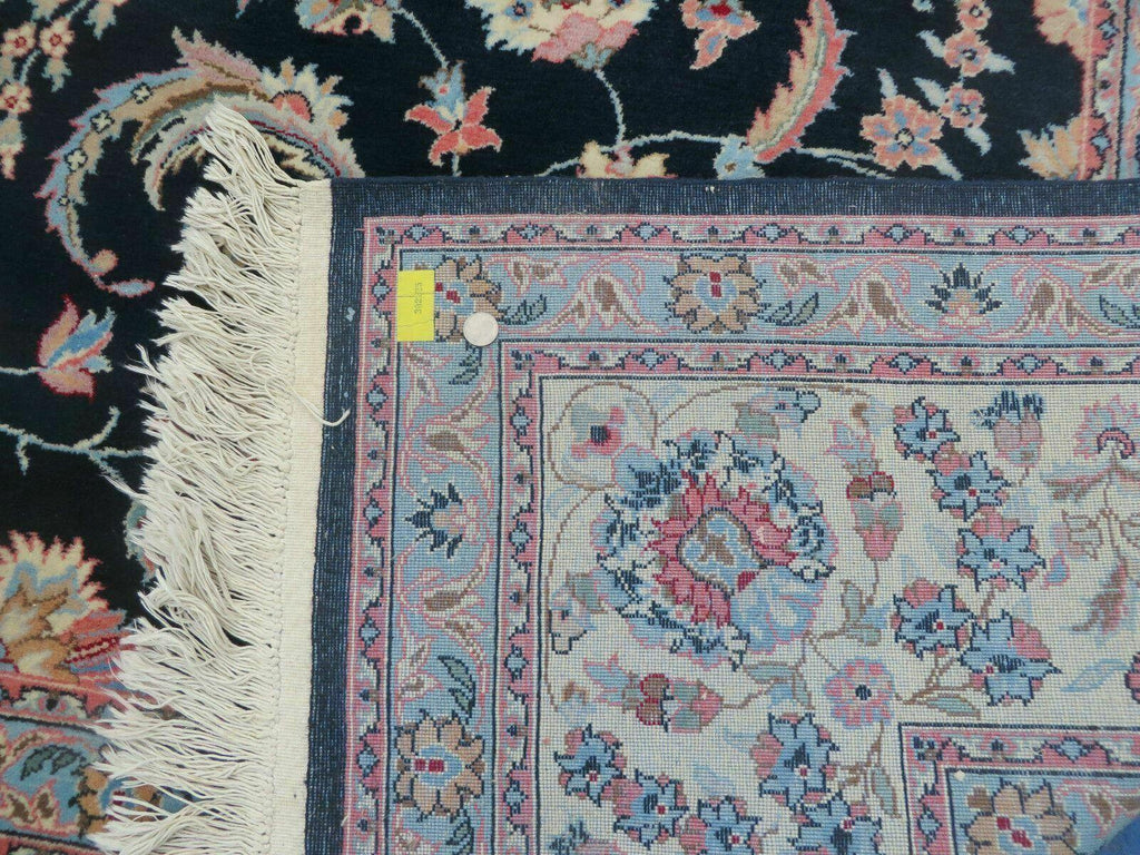 Large Indo Persian Rug 10x14, Wool Hand-Knotted Carpet, Navy Blue Ivory