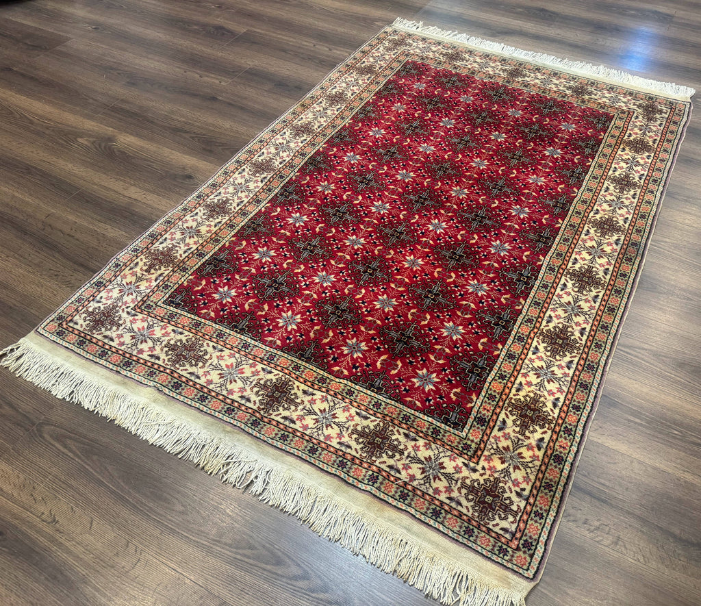Turkish Sivas Rug 4x6, Red and Cream, Allover Design, Handmade Vintage