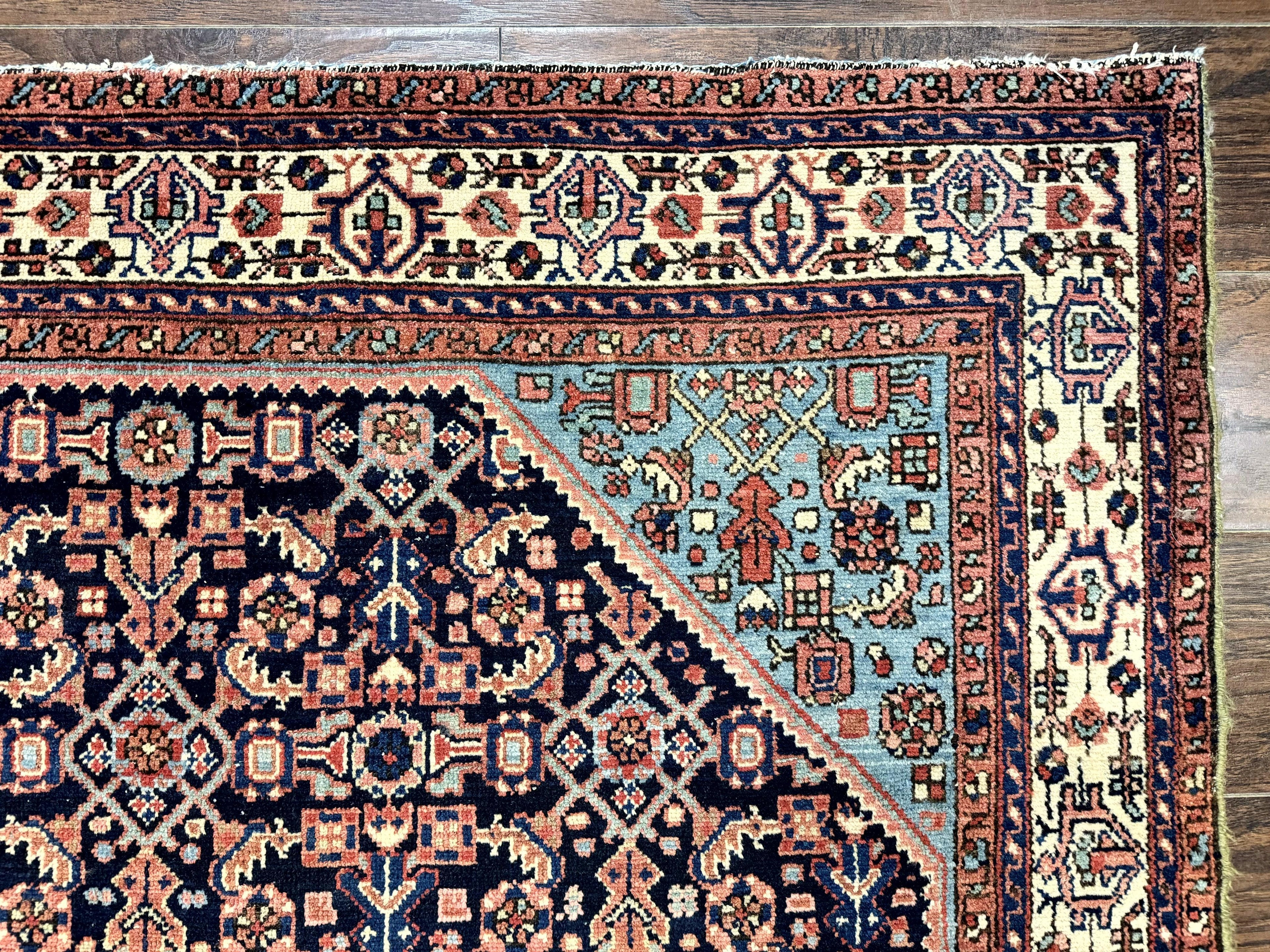 Antique Persian Rug 5 x 6.7, Navy Blue & Ivory, Handmade Persian Wool Carpet, Hamadan Angelas Rug
