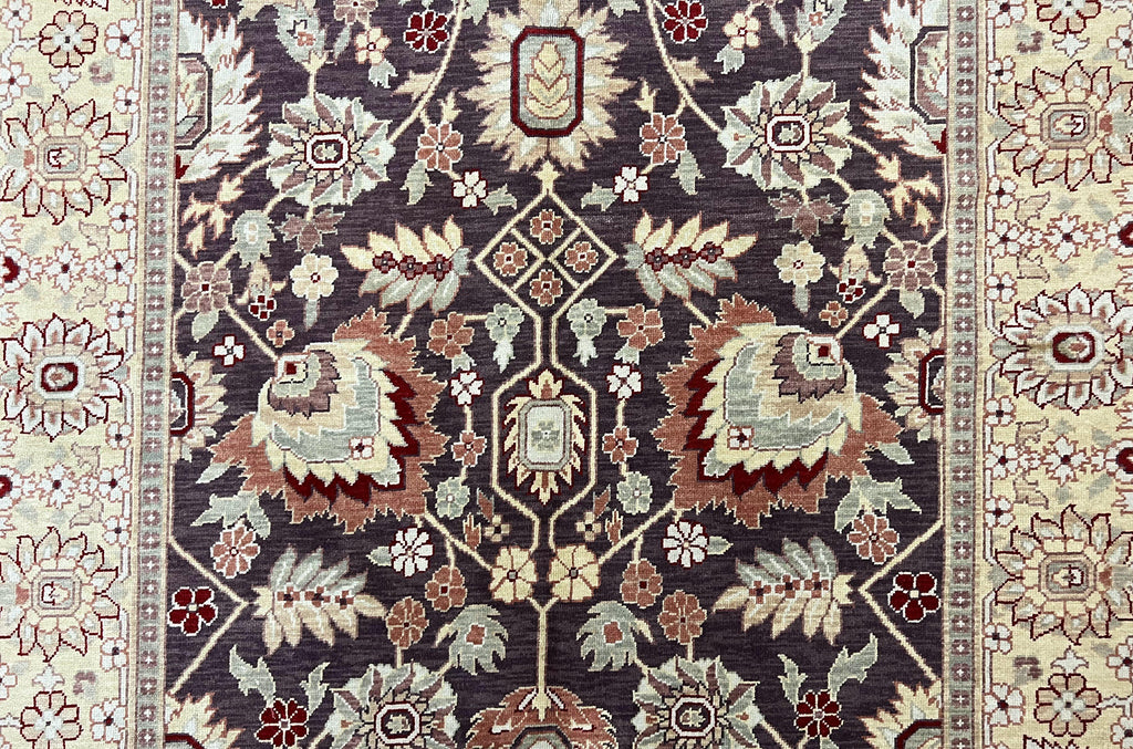Vintage Indo Mahal Area Rug 6x9, Indian Persian Oriental Carpet 6 x 9, Puce Eggplant Tan Beige Rug, Hand-Knotted, Large Floral Design Wool