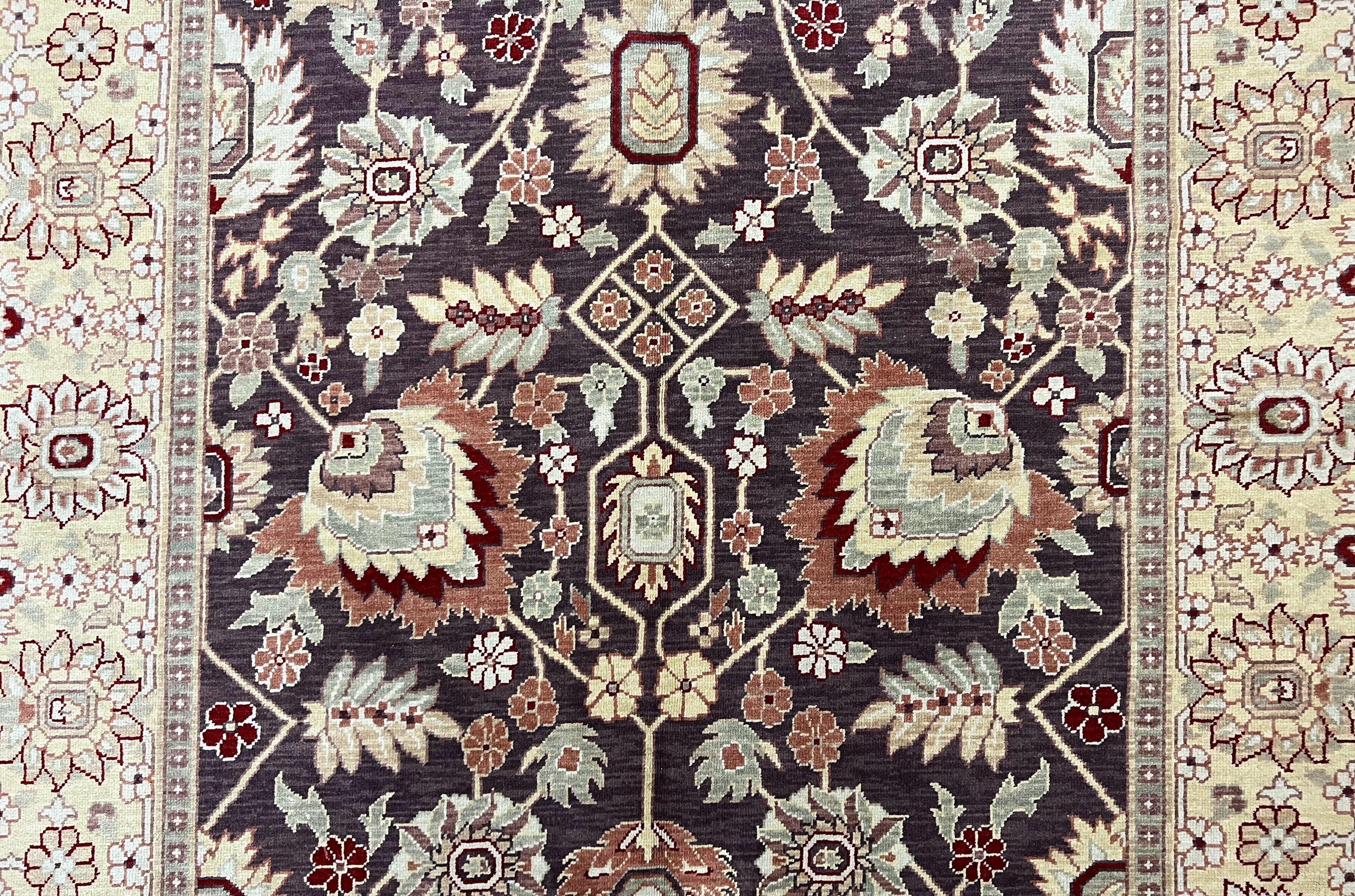 Vintage Indo Mahal Area Rug 6x9, Indian Persian Oriental Carpet 6 x 9, Puce Eggplant Tan Beige Rug, Hand-Knotted, Large Floral Design Wool