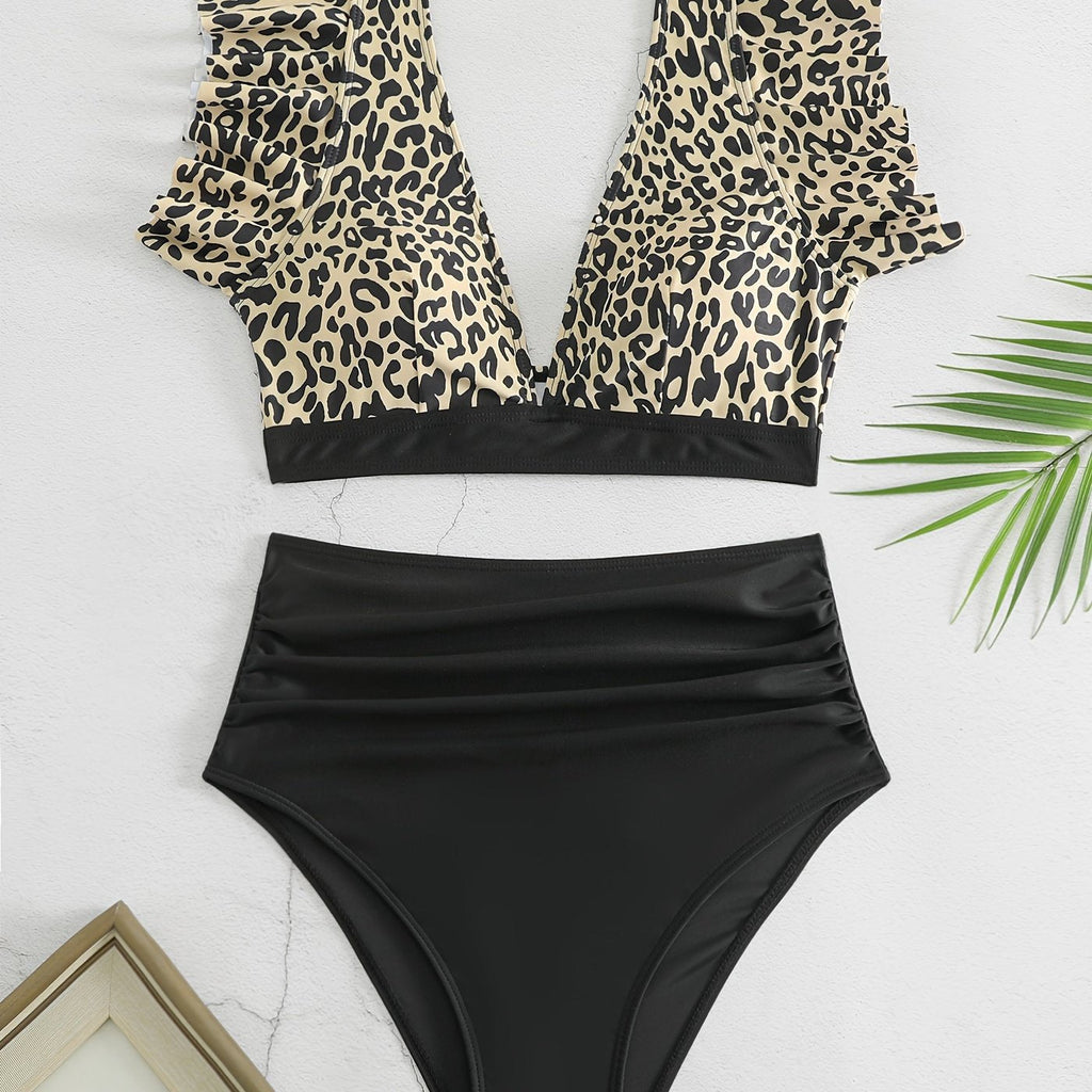 Bikini Black Solid Color Ruffle V Neck 2 Piece Swimsuit for Women – High Waisted Flattering Bikini Set with Lettuce Trim Bottoms – Sleek Stretchy Fabric Swimwear for Beach Days Poolside Style and Summer Vacation Looks
