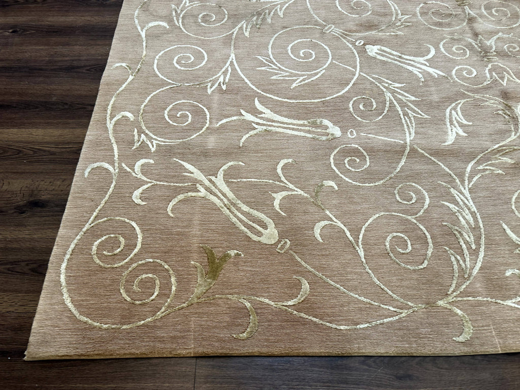 Tibetan Rug 9x12 Wool and Silk Beige Modern Handmade Carpet