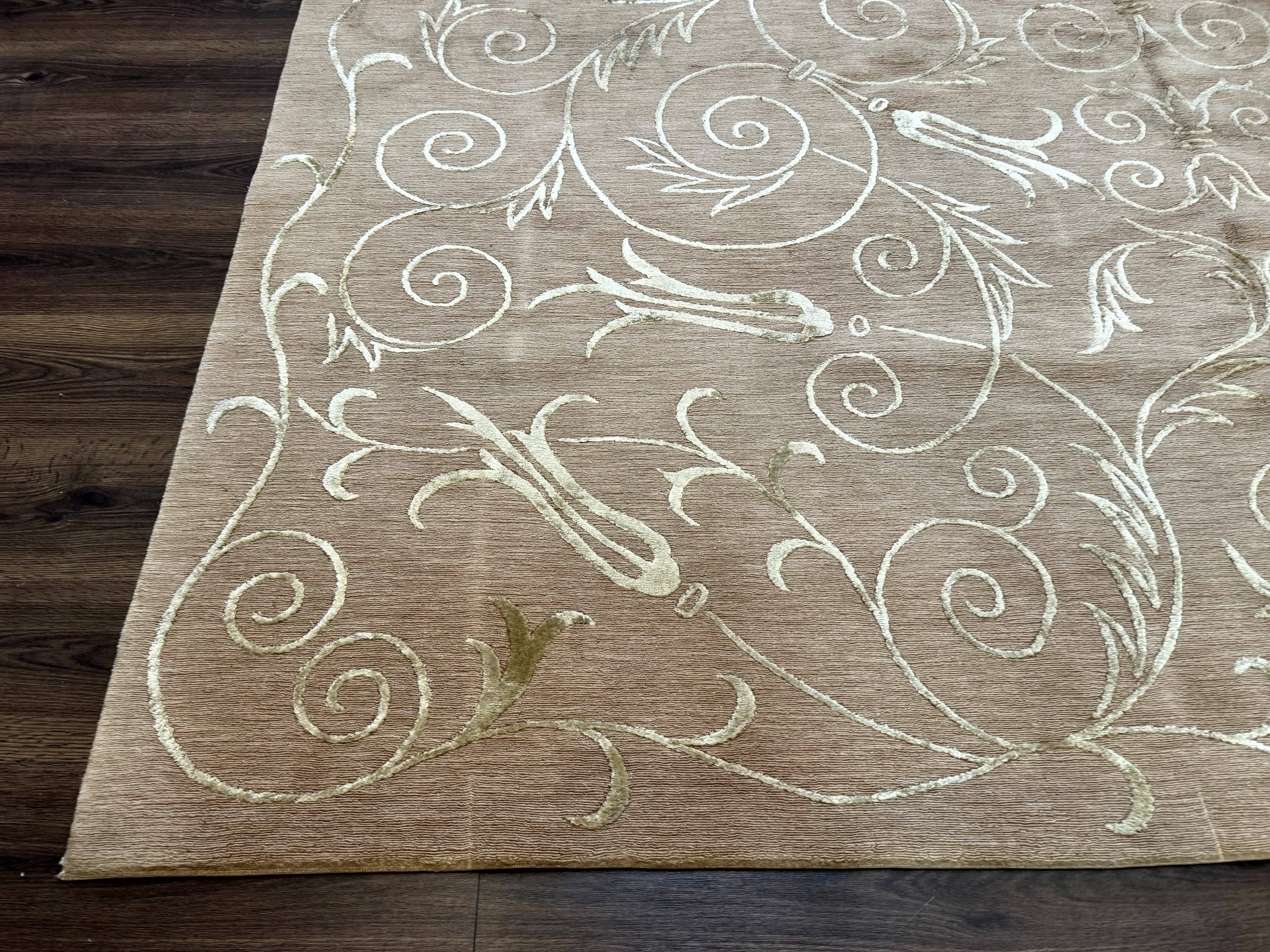 Tibetan Rug 9x12 Wool and Silk Beige Modern Handmade Carpet
