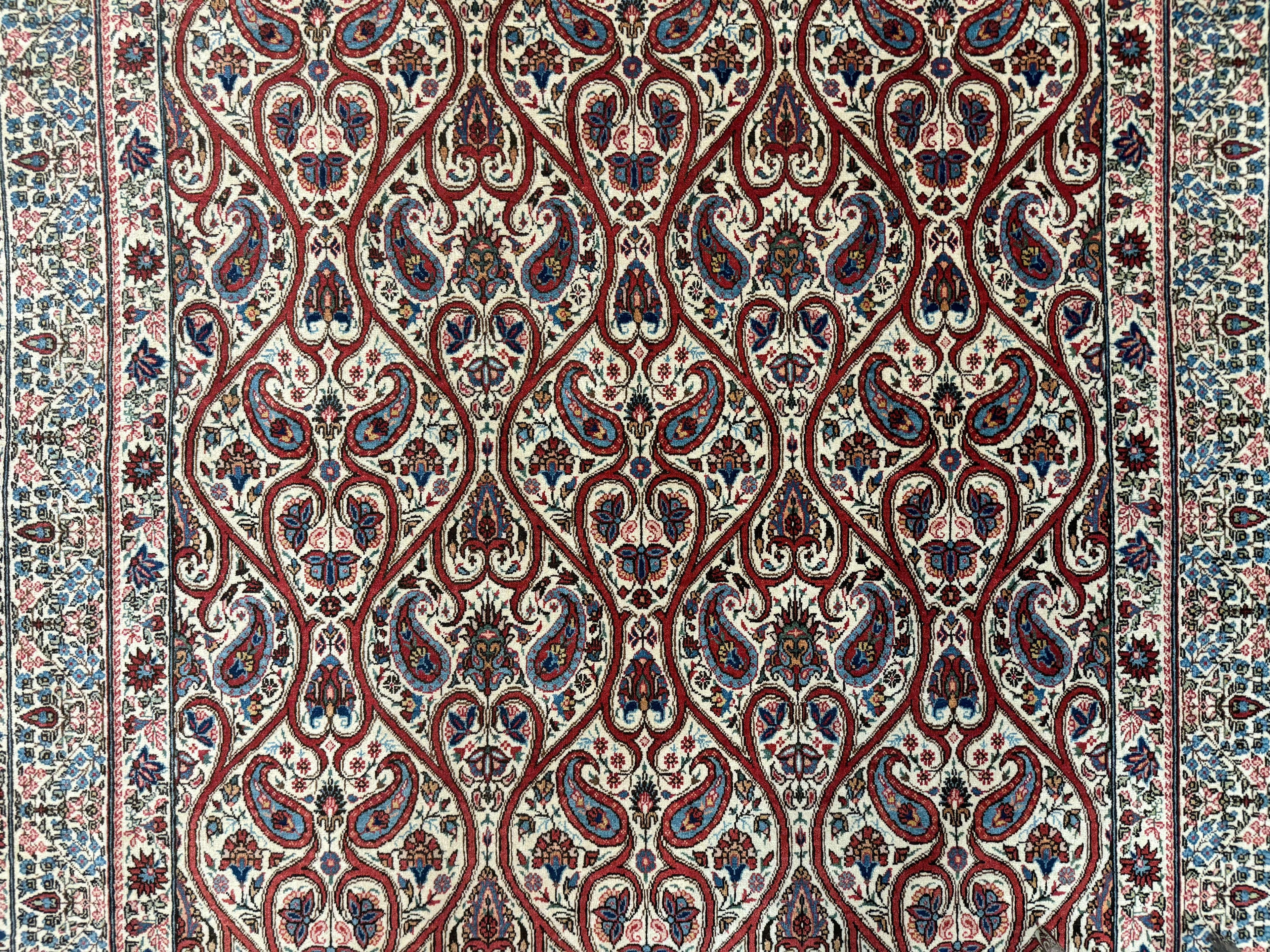 Unique Persian Qum Rug 5x7, Repeated Paisely Boteh Design, Ivory Red Blue, Handmade Antique Wool Persian Carpet, Finely Hand Knotted