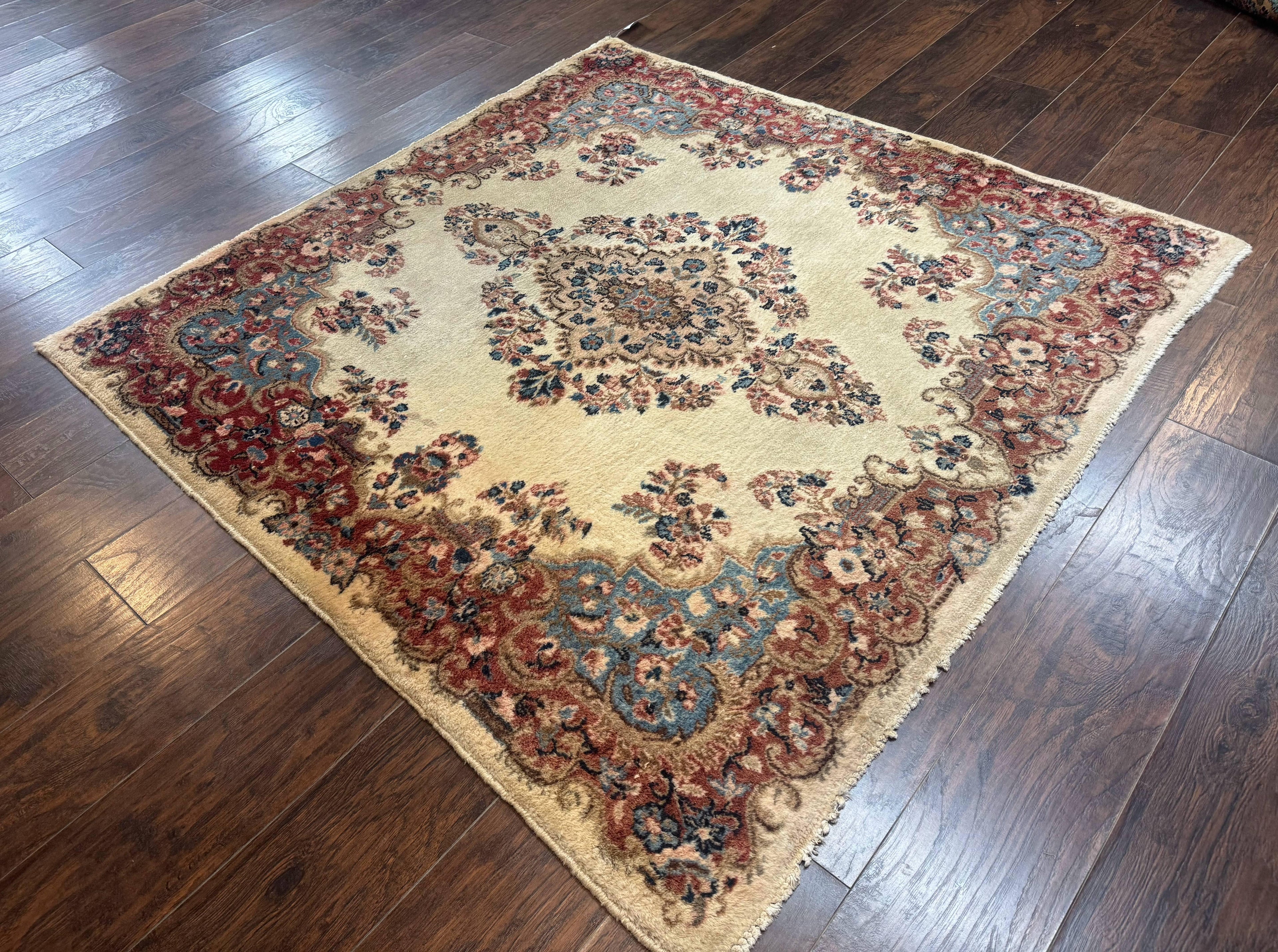 Square Persian Kerman Rug, Beige/Cream and Light Blue, Traditional Persian Rug, 5.5 x 5.5 ft