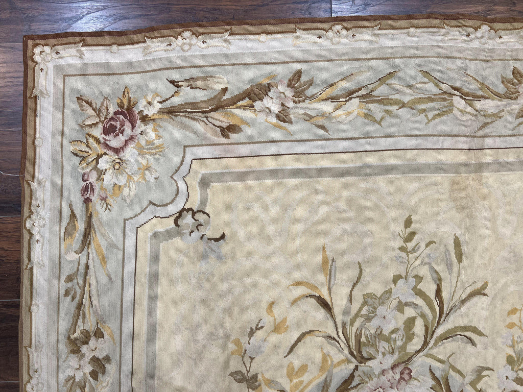 Needlepoint Rug 6x9, Elegant European Design Aubusson Carpet, Vintage Wool Handmade Rug, Light Yellow Ivory