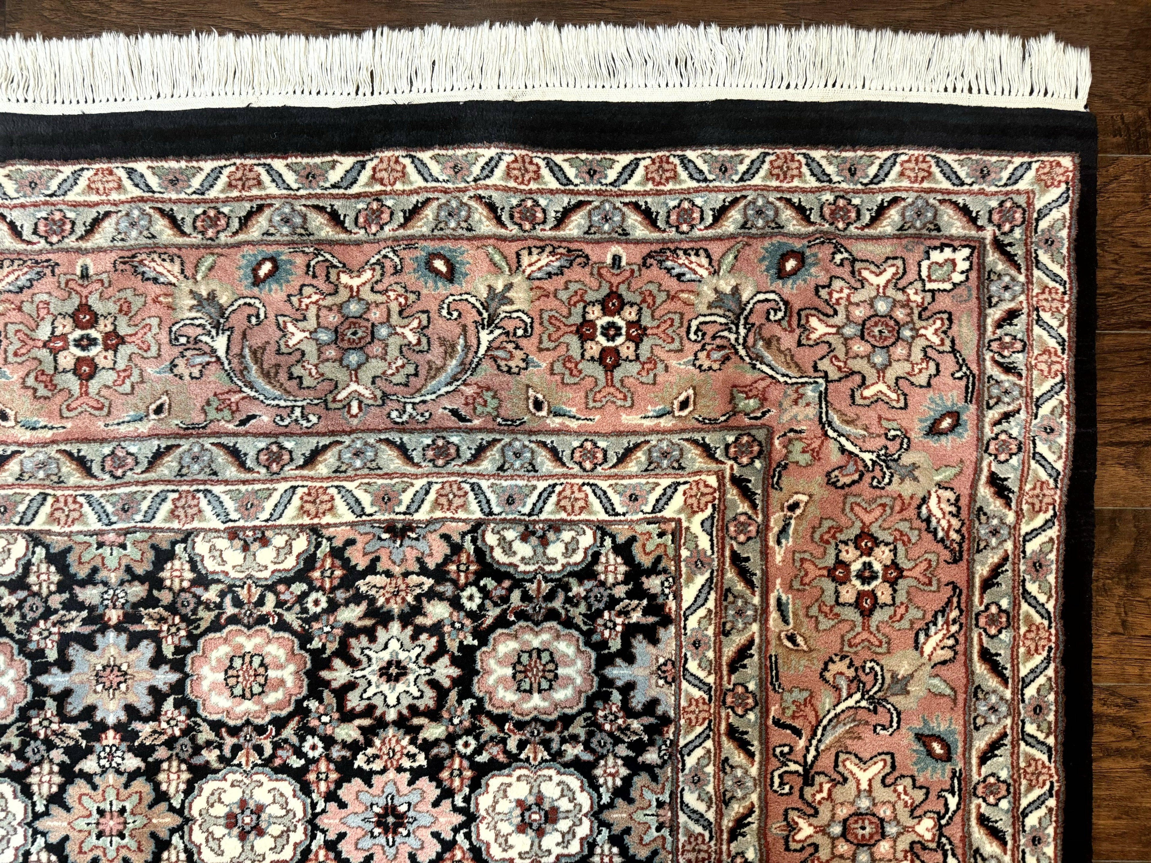 Indo Persian Rug 9x12, Vintage Handmade Wool Carpet, Repeated Allover Motif, Navy Blue and Pink