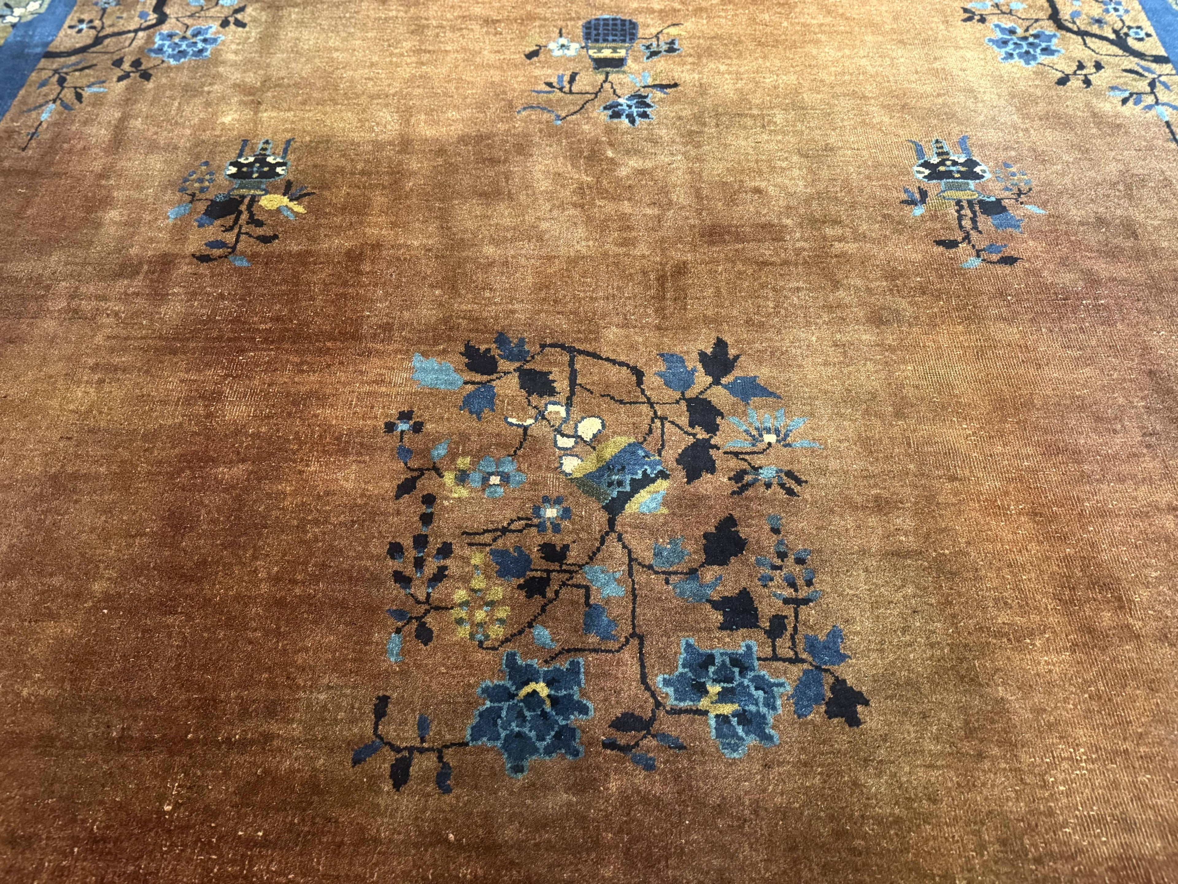 Antique Chinese Wool Rug 9x12, Light Brown and Navy Blue, Fete Peking Art Deco