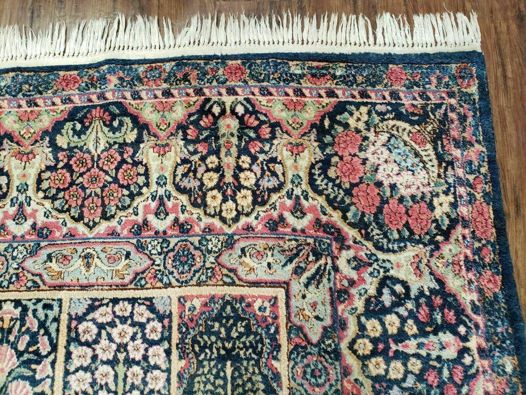 Persian Rug 10x15, Authentic Oriental Carpet 10 x 15, Wool Area Rug Panel Design Hand-Knotted Vintage Kirman Yazd Rug, Dark Blue and Beige,  Floral