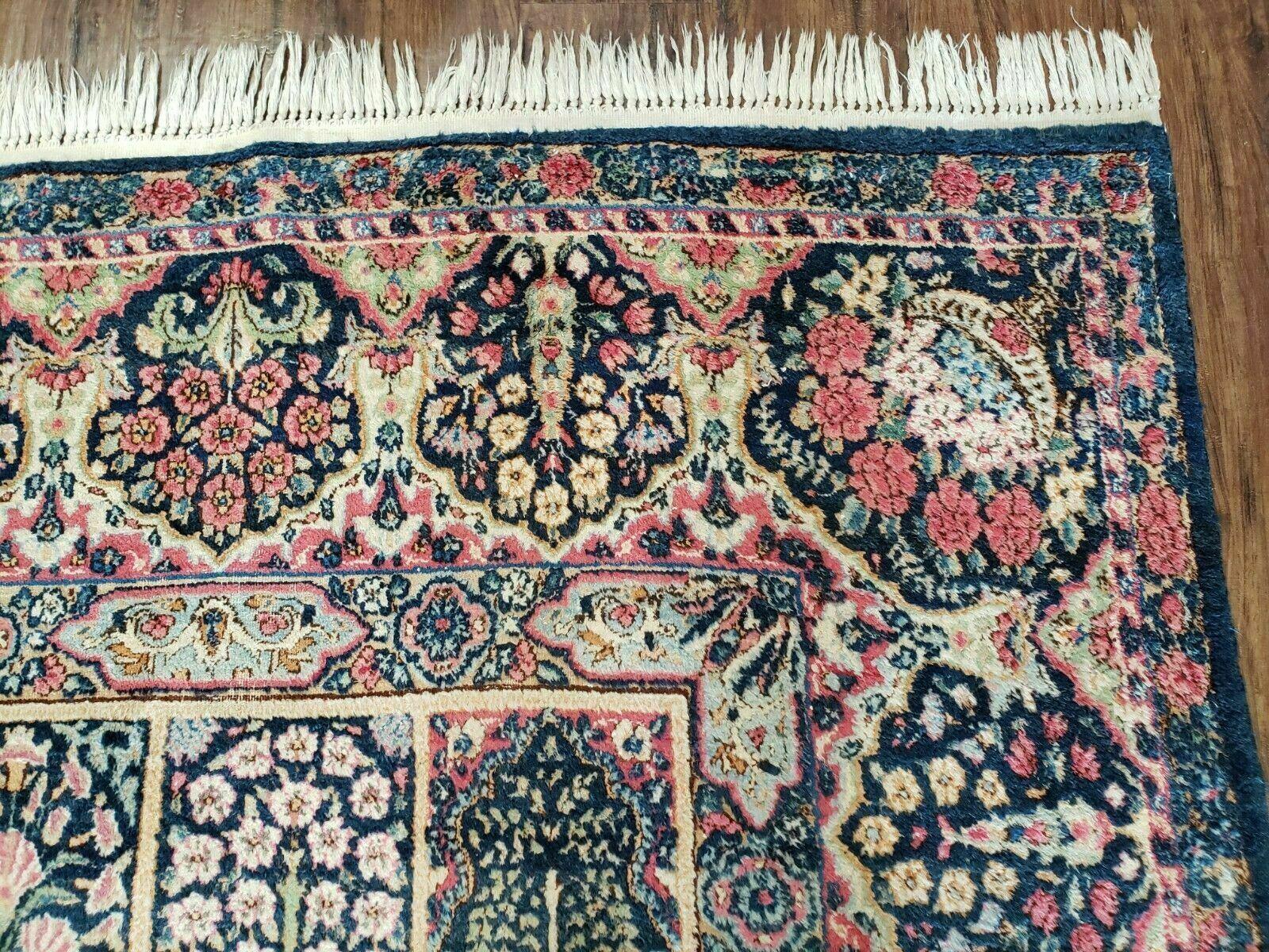 Persian Rug 10x15, Authentic Oriental Carpet 10 x 15, Wool Area Rug Panel Design Hand-Knotted Vintage Kirman Yazd Rug, Dark Blue and Beige,  Floral