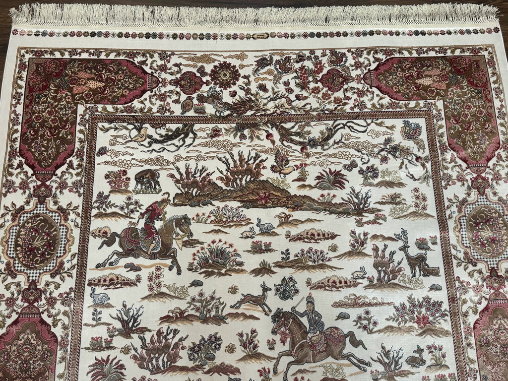 Turkish Silk Rug 5x8, Ivory, Hunting Design, Animal Pictorials, Bamboo Silk