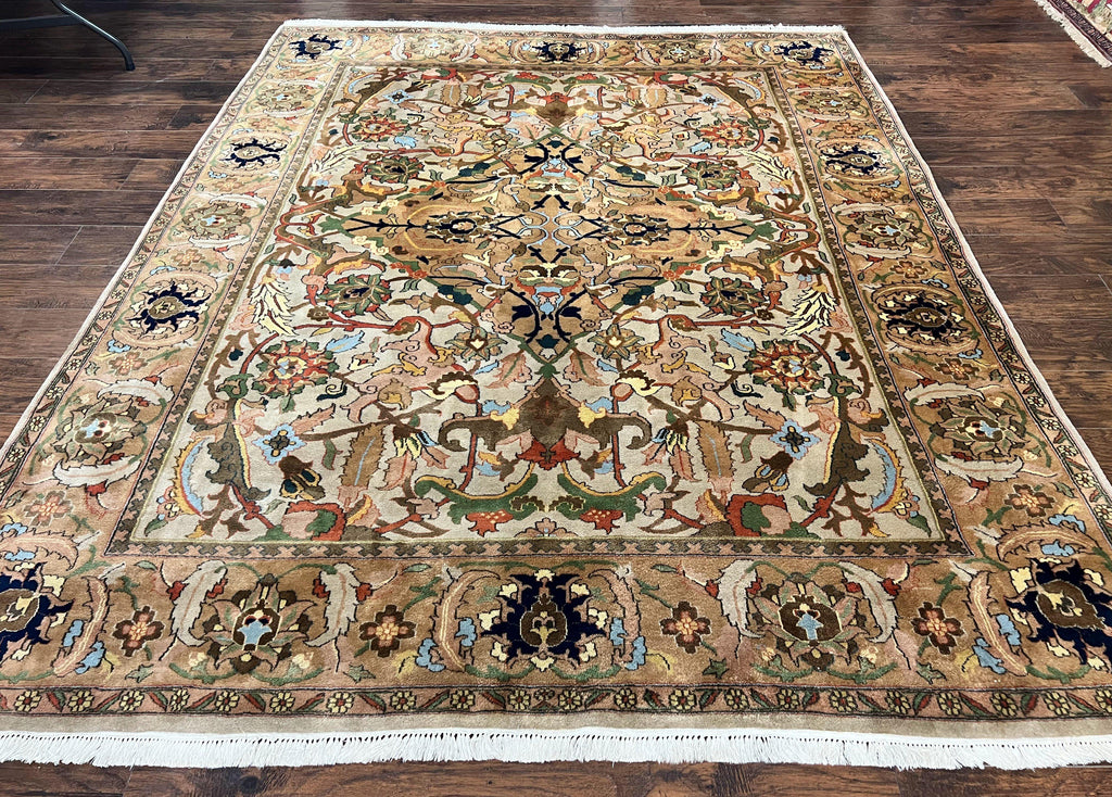 Indian Agra Rug 8x10, Wool Vintage Handmade Carpet, Gray Brown