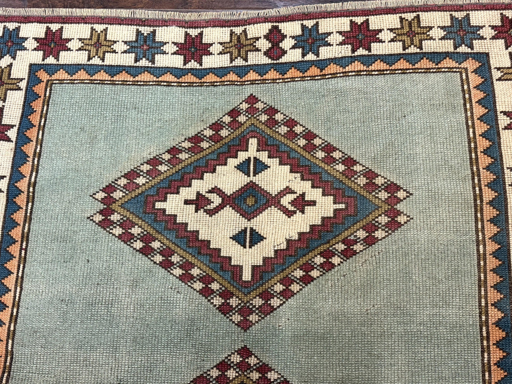 Turkish Kazak Rug 4x6, Geometric Medallion, Caucasian Design Rug, Semi Antique Vintage, Mint Green Maroon Ivory