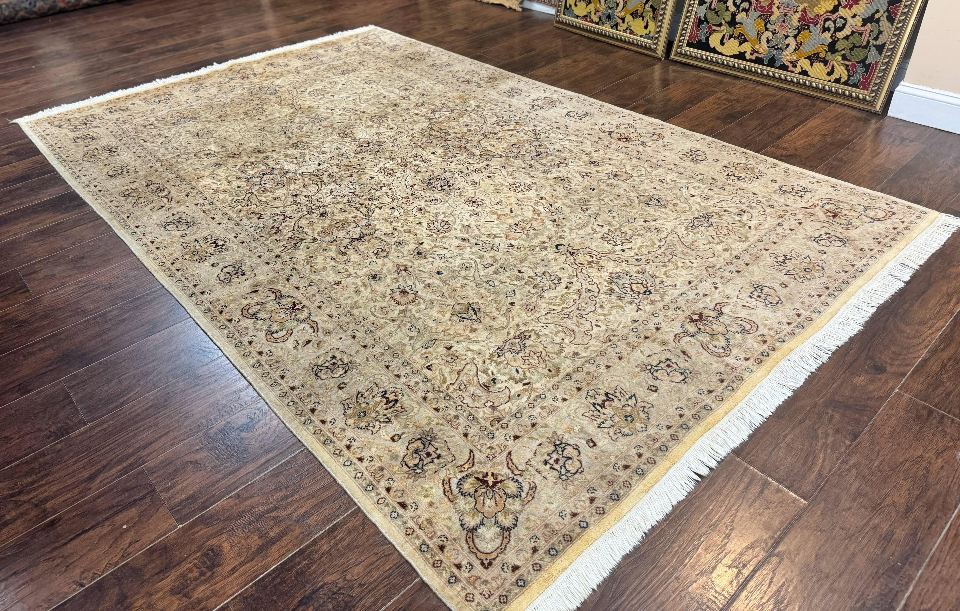 Pak Persian Rug 6x9, Vintage Handmade Wool Carpet, Floral, Beige