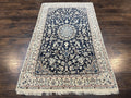 Very Fine Persian Nain Rug 3.7 x 6, Floral Medallion, Wool and Silk Accents, Highly Detailed, Hand Knotted Oriental Carpet, Navy Blue Ivory/Cream