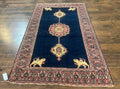 Antique Persian Mashad Rug 4x6, Semi Open Field, Navy Blue, Lion Pictorials, Triple Medallion, Dorokhsh Rug
