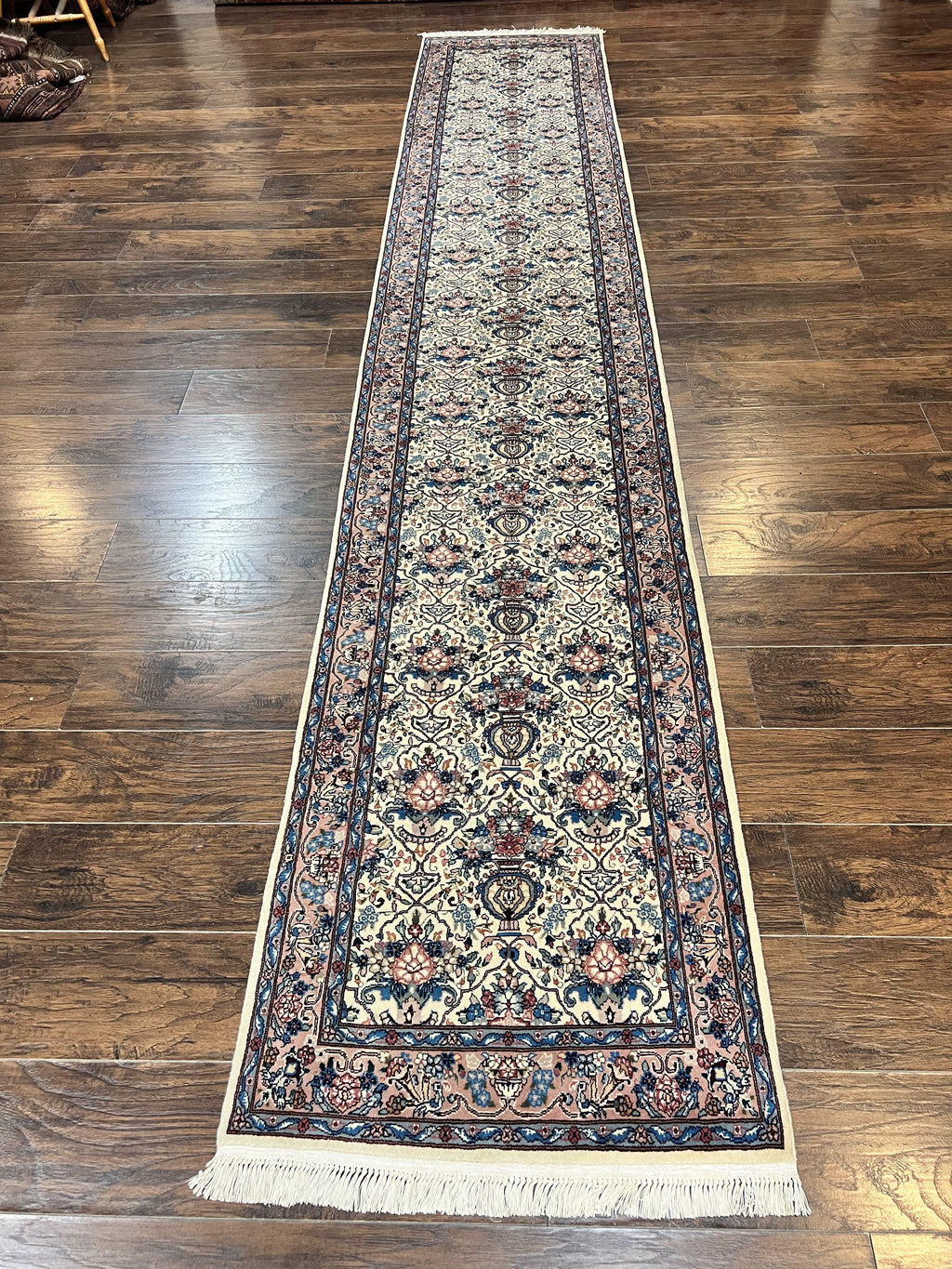 Sino Persian Runner Rug 2.8 x 14, Hand Knotted Vintage Oriental Hallway Rug, 14ft Runner, Cream, Floral, Wool