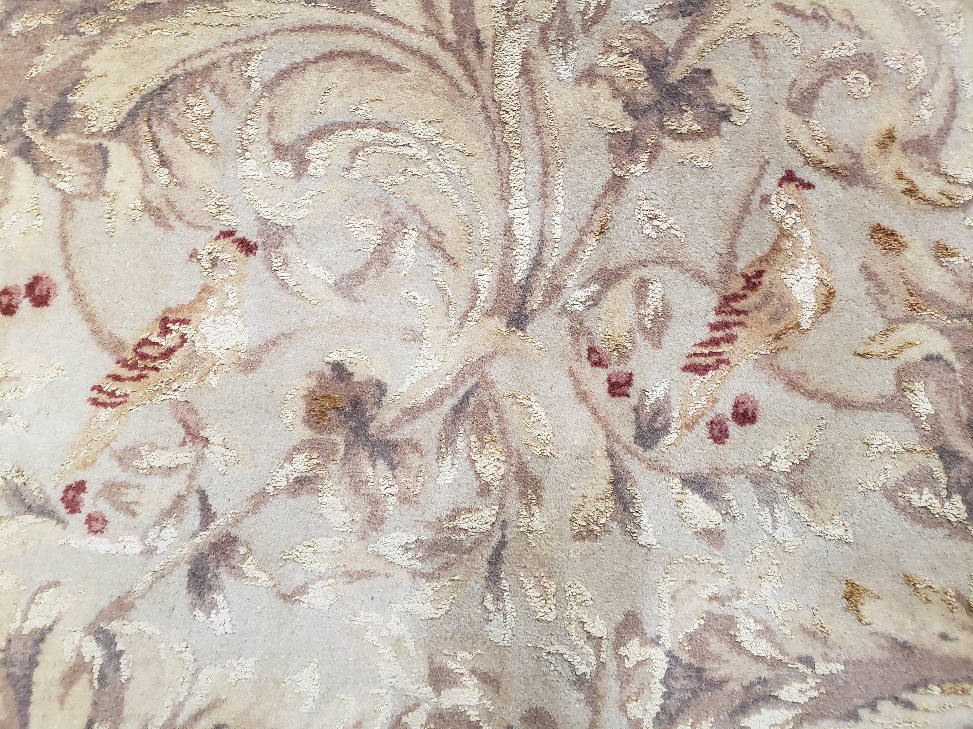 Chinese Aubusson Savonnerie Area Rug 8x12, Vintage 120 Line Carpet, Wool and Silk Hand-Knotted, Birds Flowers Master Weaver Signature