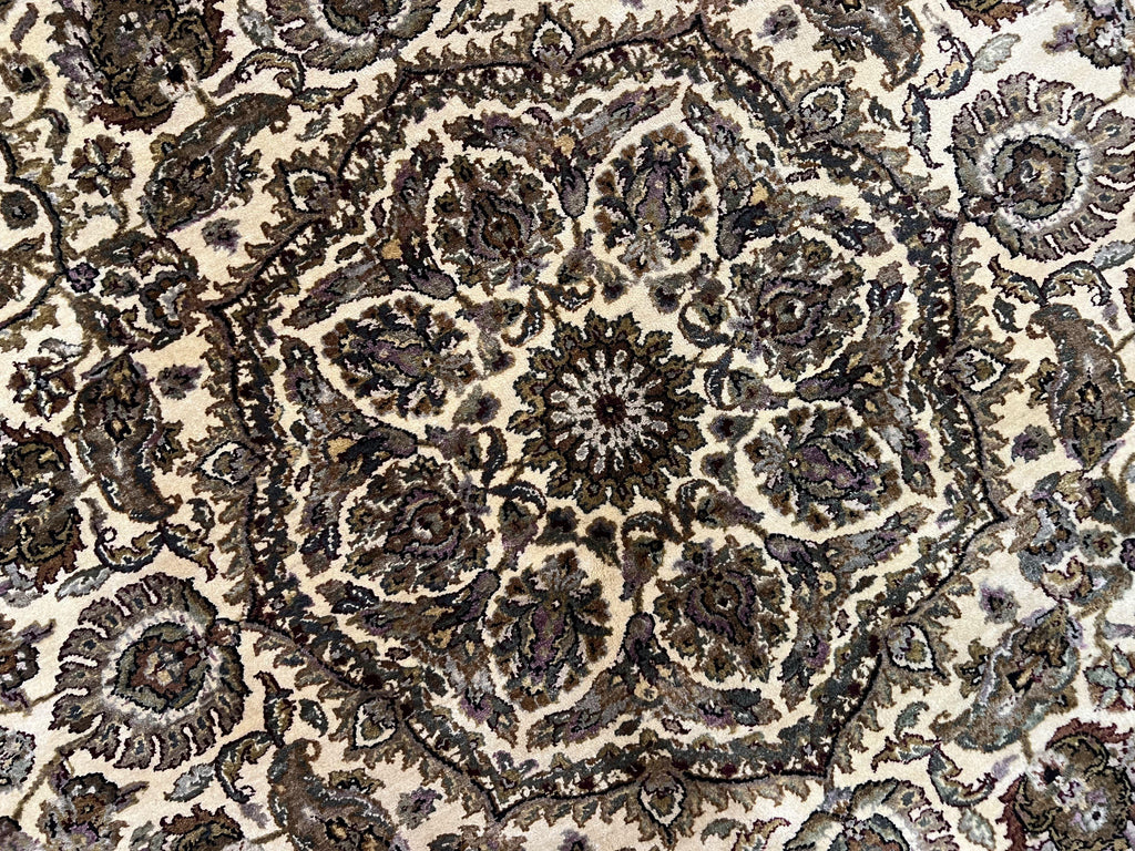 Round Indo Persian Rug 8x8 ft, Large Hand Knotted Vintage Wool Circular Carpet, 8ft Round Oriental Rug, Floral Medallion, Cream and Green