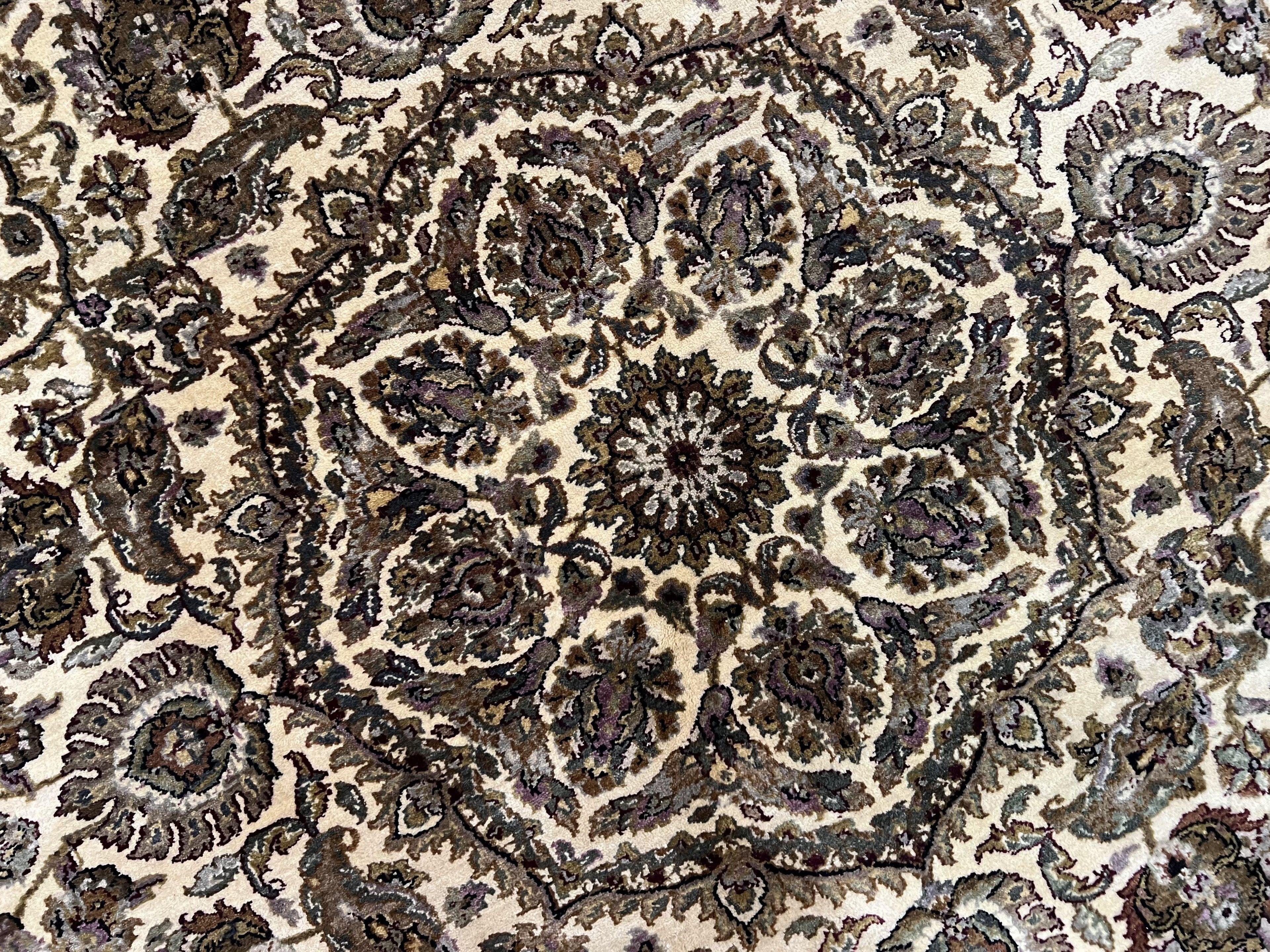 Round Indo Persian Rug 8x8 ft, Large Hand Knotted Vintage Wool Circular Carpet, 8ft Round Oriental Rug, Floral Medallion, Cream and Green