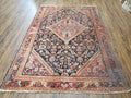 Antique Persian Mahal Area Rug 4.4 x 6.6, Wool Hand-Knotted Shabby Chic Oriental Rug, Red Black 1930s Foyer Room Carpet, Low Pile Boho Rug