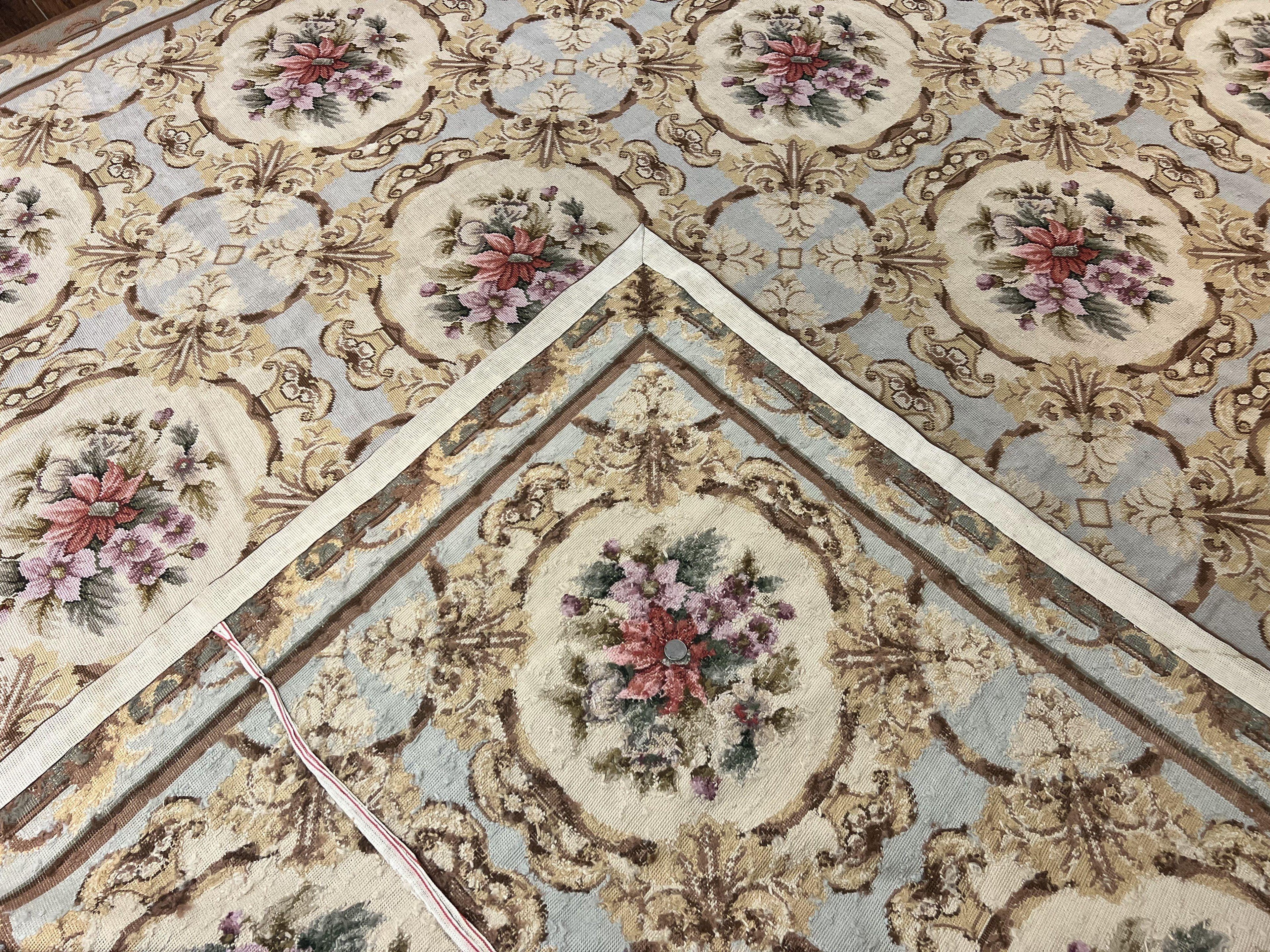 Chinese Needlepoint Rug 8x11, Handmade Wool Needlepoint Carpet, Vintage, Sky Blue
