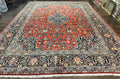 Red Persian Kashan Rug 10x14, Hand-Knotted Semi Antique Floral Medallion Handmade Wool Carpet, Red & Navy Blue
