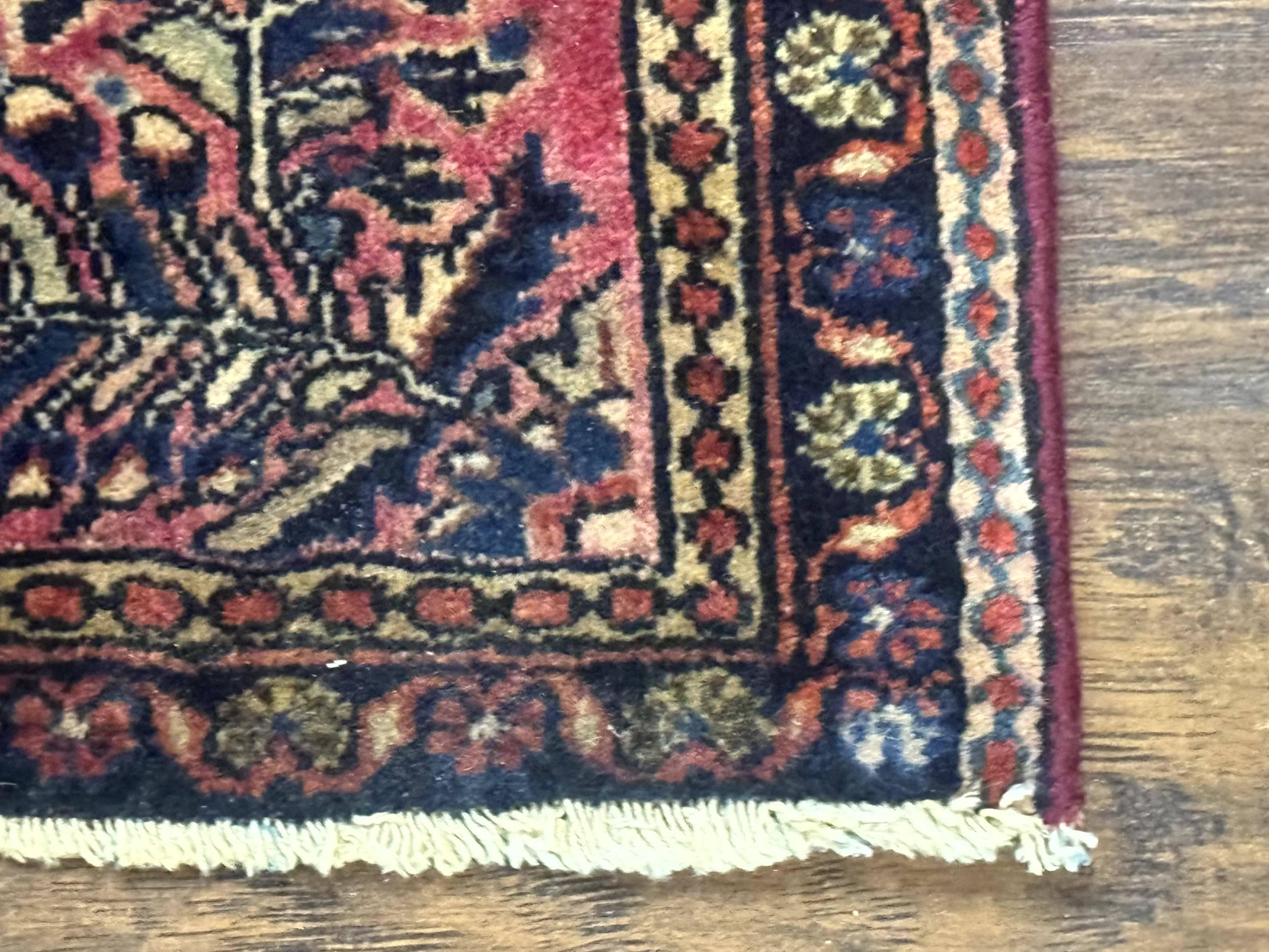 Small Antique Persian Sarouk Rug 2x2 ft, Red 1920s Wool Rug