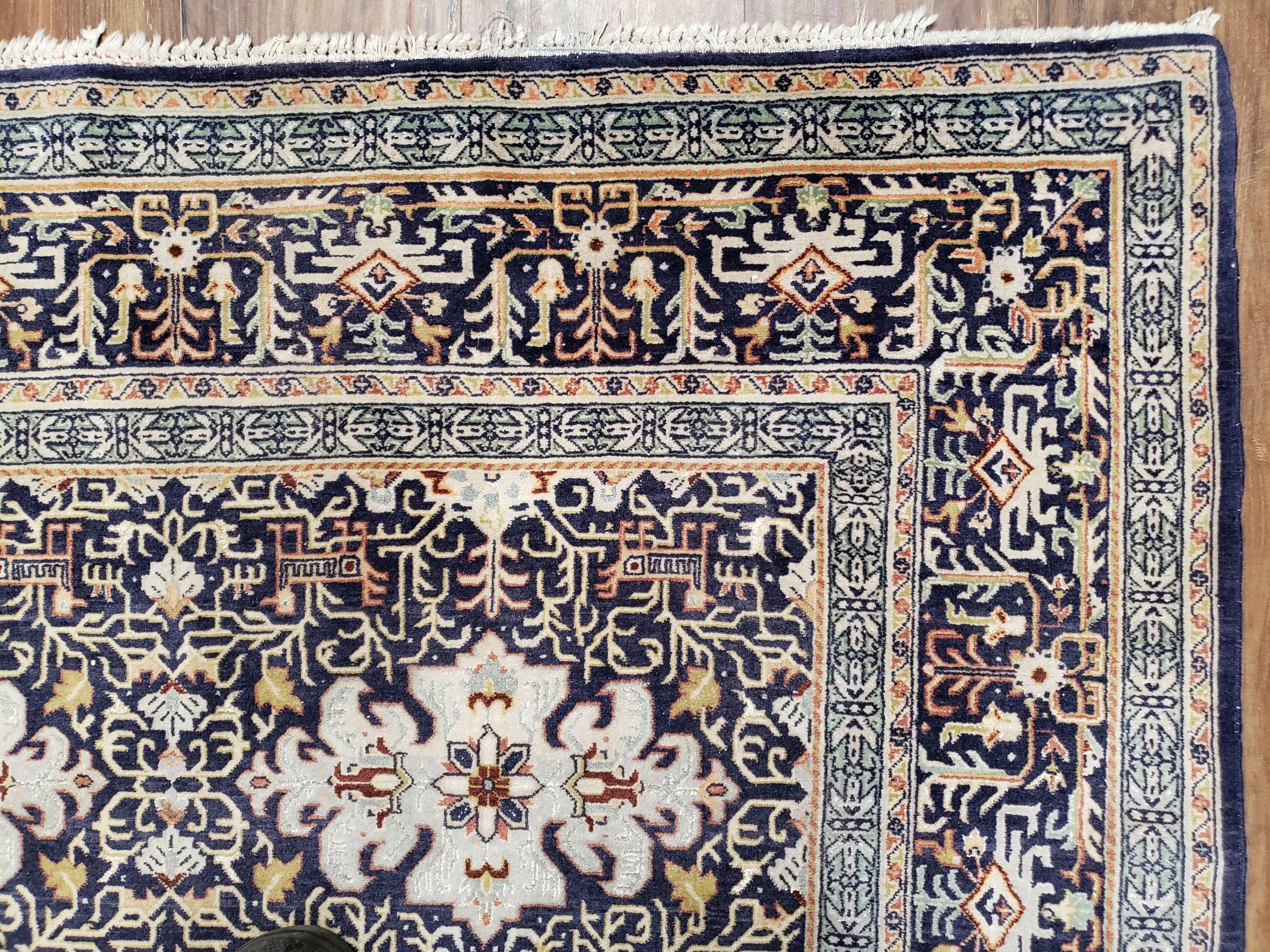 Persian Kashan Rug, Navy Blue, Hand-Knotted, Wool, 4' 8" x 7' 4", Pair A