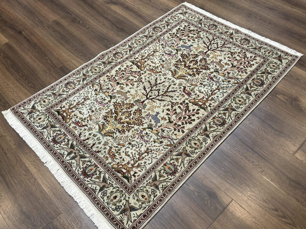 Wonderful Persian Tabriz Rug 3x5, Tree of Life, Animal Pictorials, Birds, Wool & Silk Highlights, Fine 330 KPSI