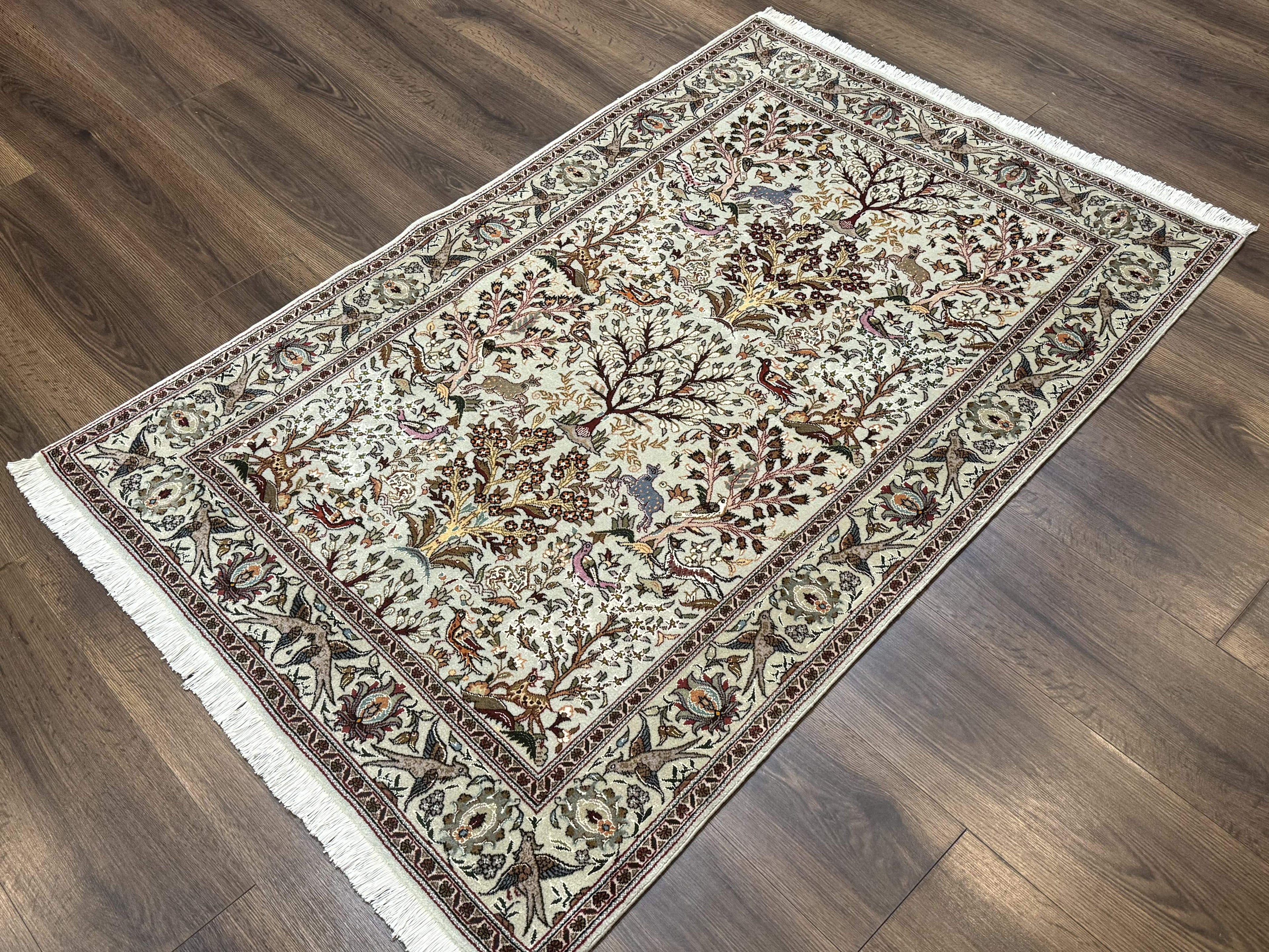 Wonderful Persian Tabriz Rug 3x5, Tree of Life, Animal Pictorials, Birds, Wool & Silk Highlights, Fine 330 KPSI