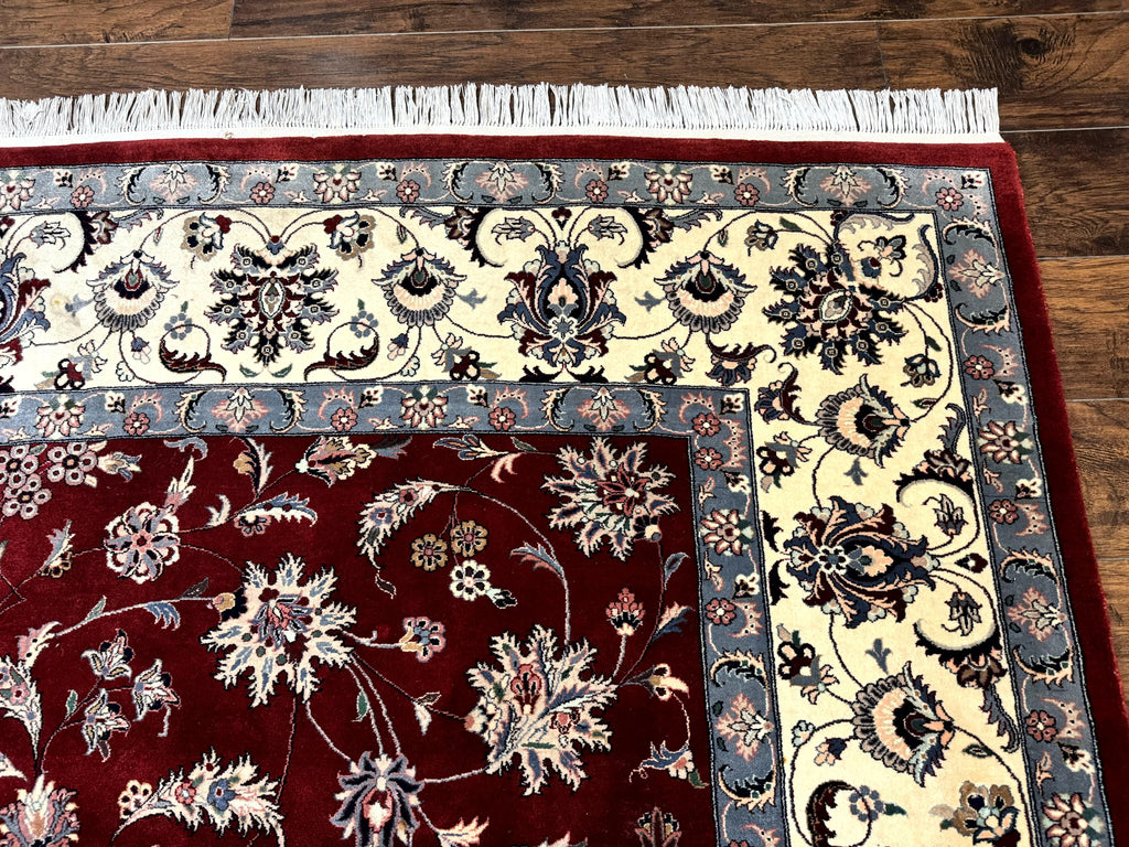 Pak Persian Rug 9x12, Maroon and Ivory, Wool Handmade Vintage