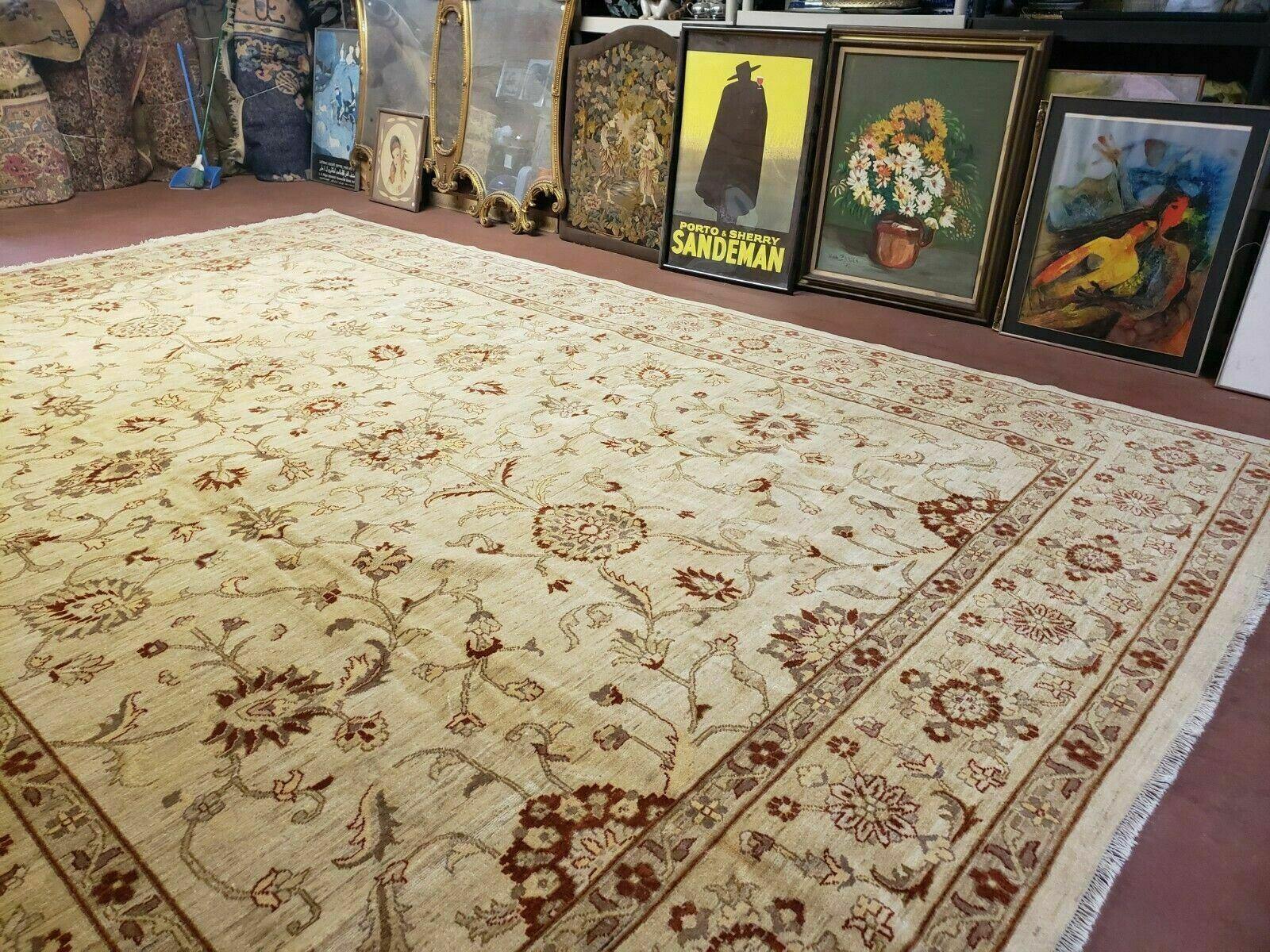 Oushak Rug 10x14 Neutral Colors Handmade Peshawar Wool Carpet Oatmeal Beige