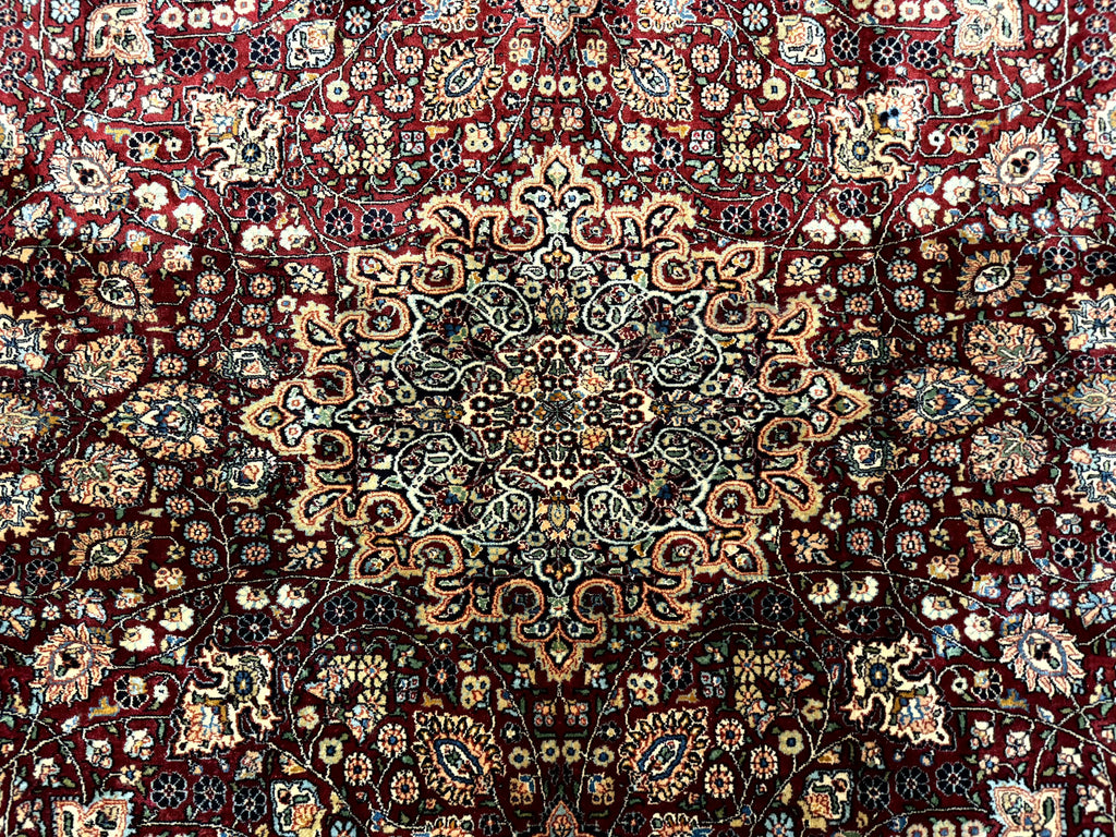 Indian Kashmiri Silk Rug 6x9, Red and Navy Blue, Floral Medallion, Fine 275 KPSI