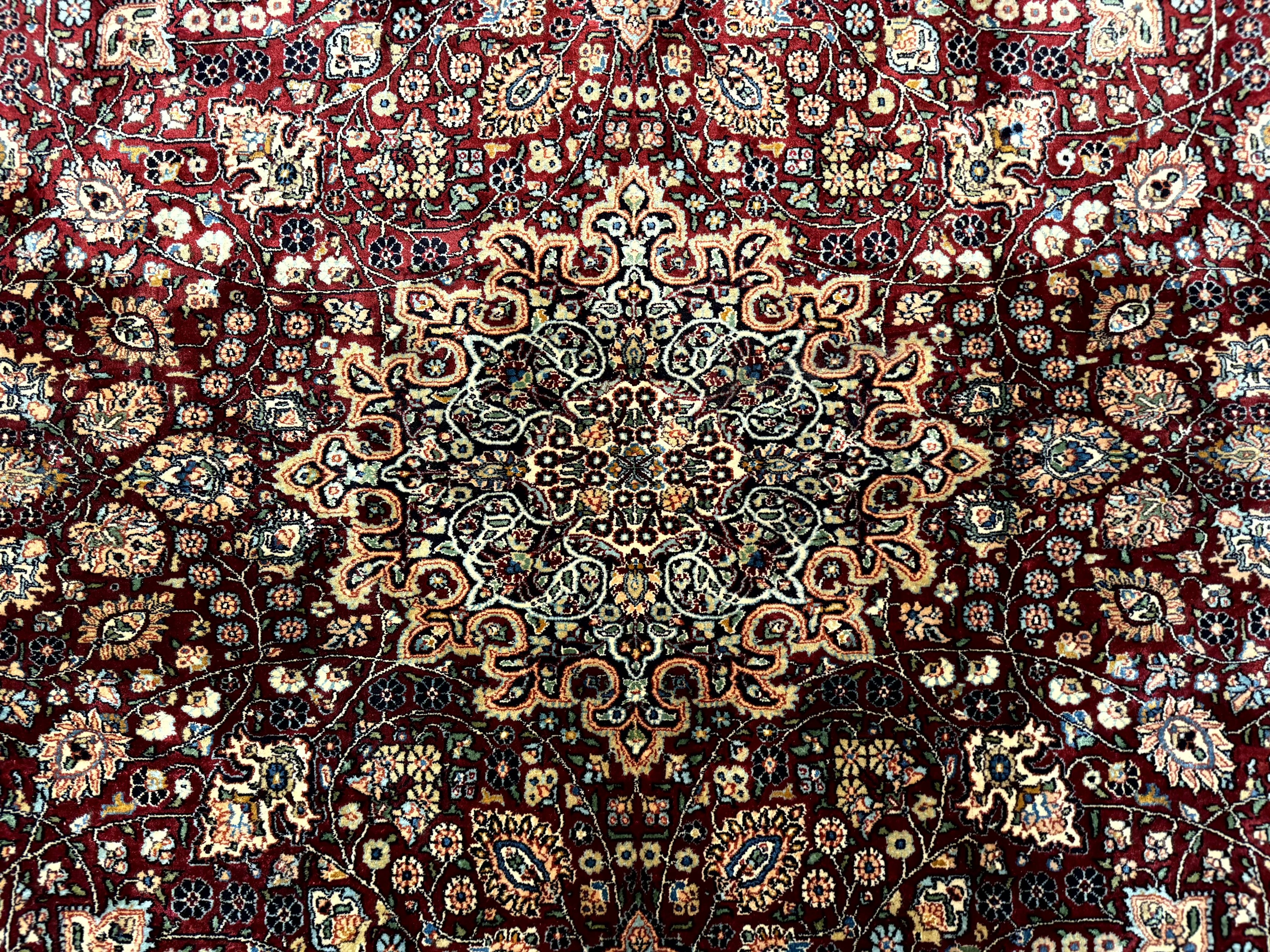 Indian Kashmiri Silk Rug 6x9, Red and Navy Blue, Floral Medallion, Fine 275 KPSI