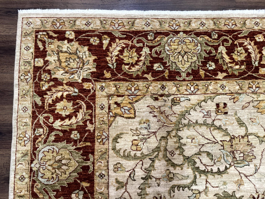 Pakistani Rug 9x12, Floral Allover Peshawar Carpet, Chobi, Beige and Rust Red, Traditional