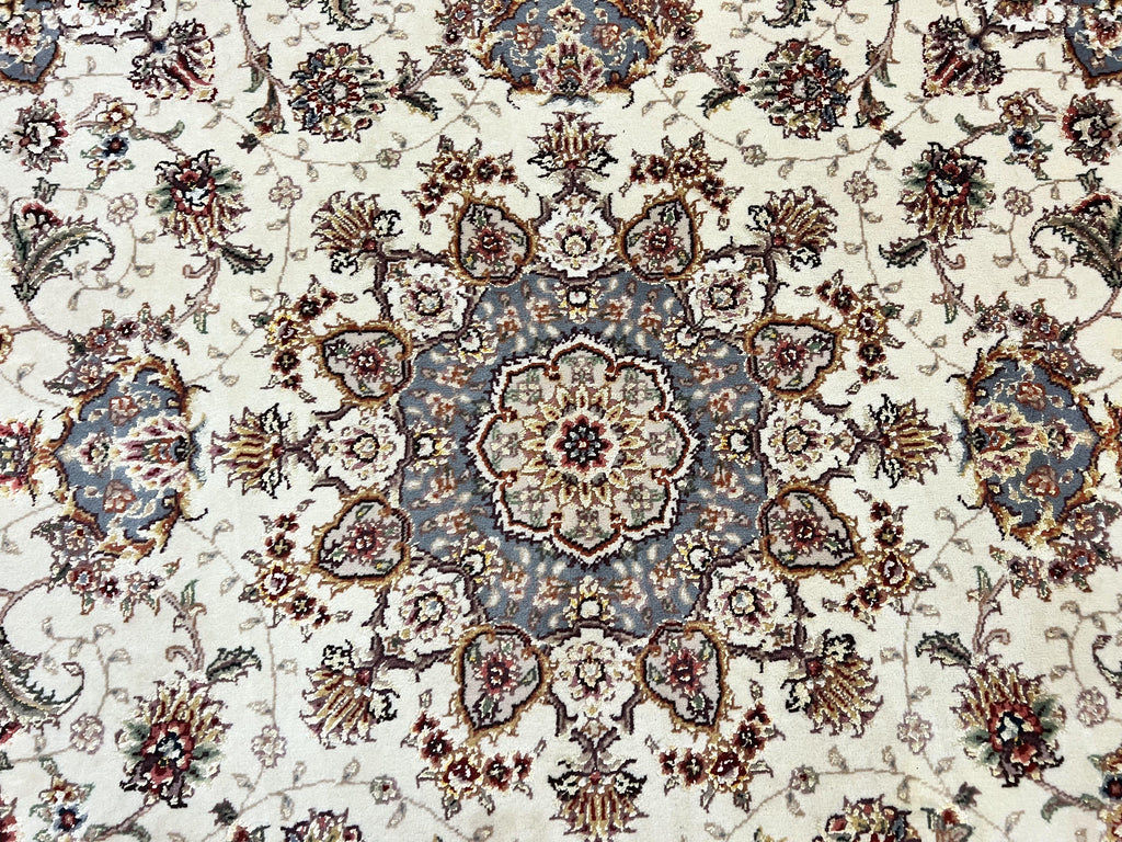 Sino Persian Square Rug 5x5, Very Fine Oriental Carpet, Wool & Silk Highlights, Ivory, Hand Knotted Handmade Vintage Traditional Rug