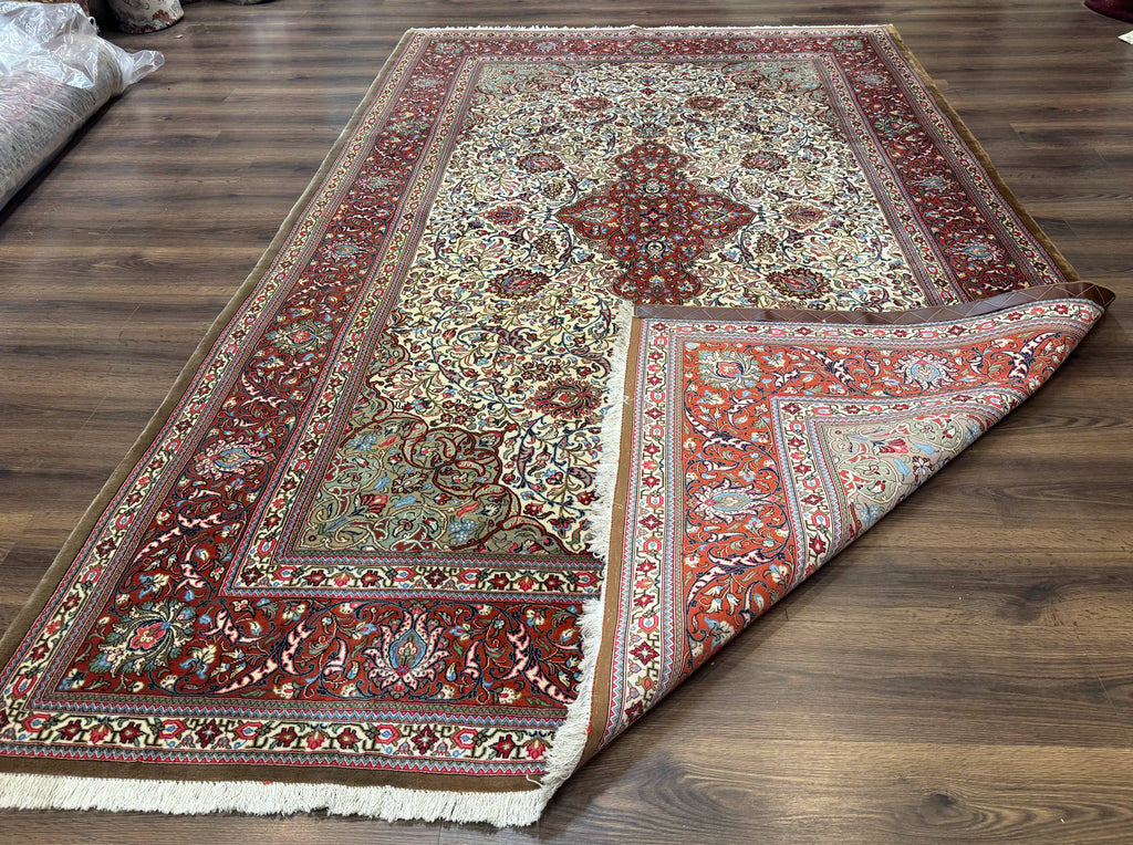 Persian Qum Rug 7x11, Beige and Red, Highly Detailed Floral Pattern, Fine 260 KPSI