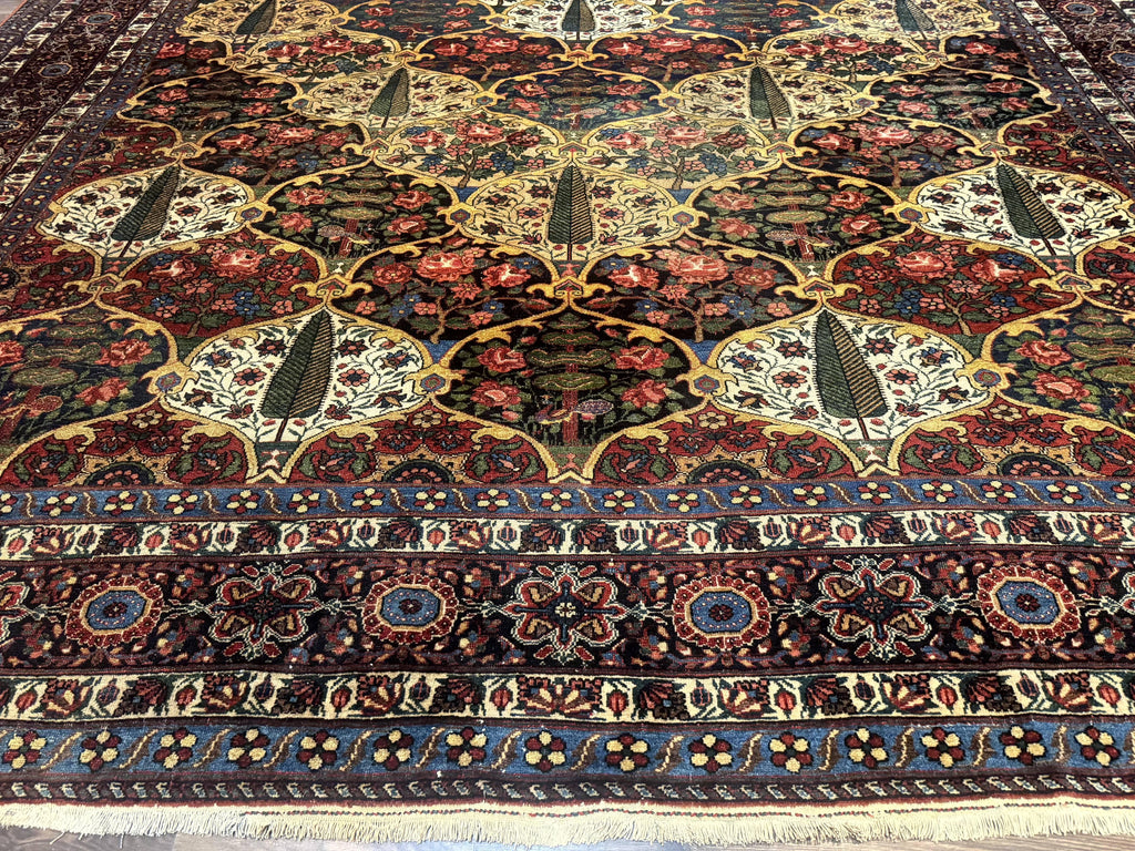 Antique Persian Bakhtiari Rug 12x19, Palace Size Wool Handmade Persian Carpet, Oversized Rug, Panel Design, Peacocks, Multicolor, Rare