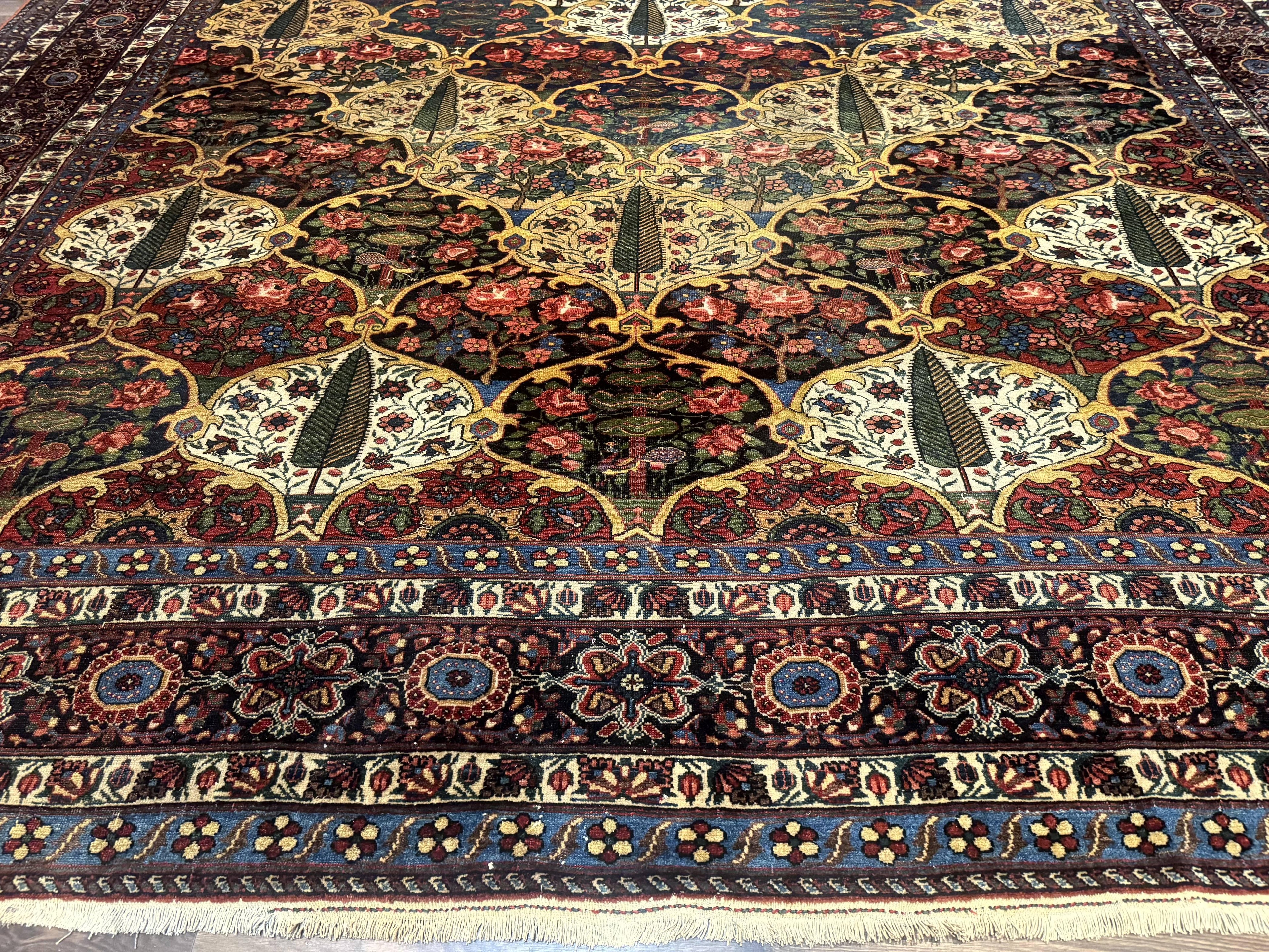 Antique Persian Bakhtiari Rug 12x19, Palace Size Wool Handmade Persian Carpet, Oversized Rug, Panel Design, Peacocks, Multicolor, Rare