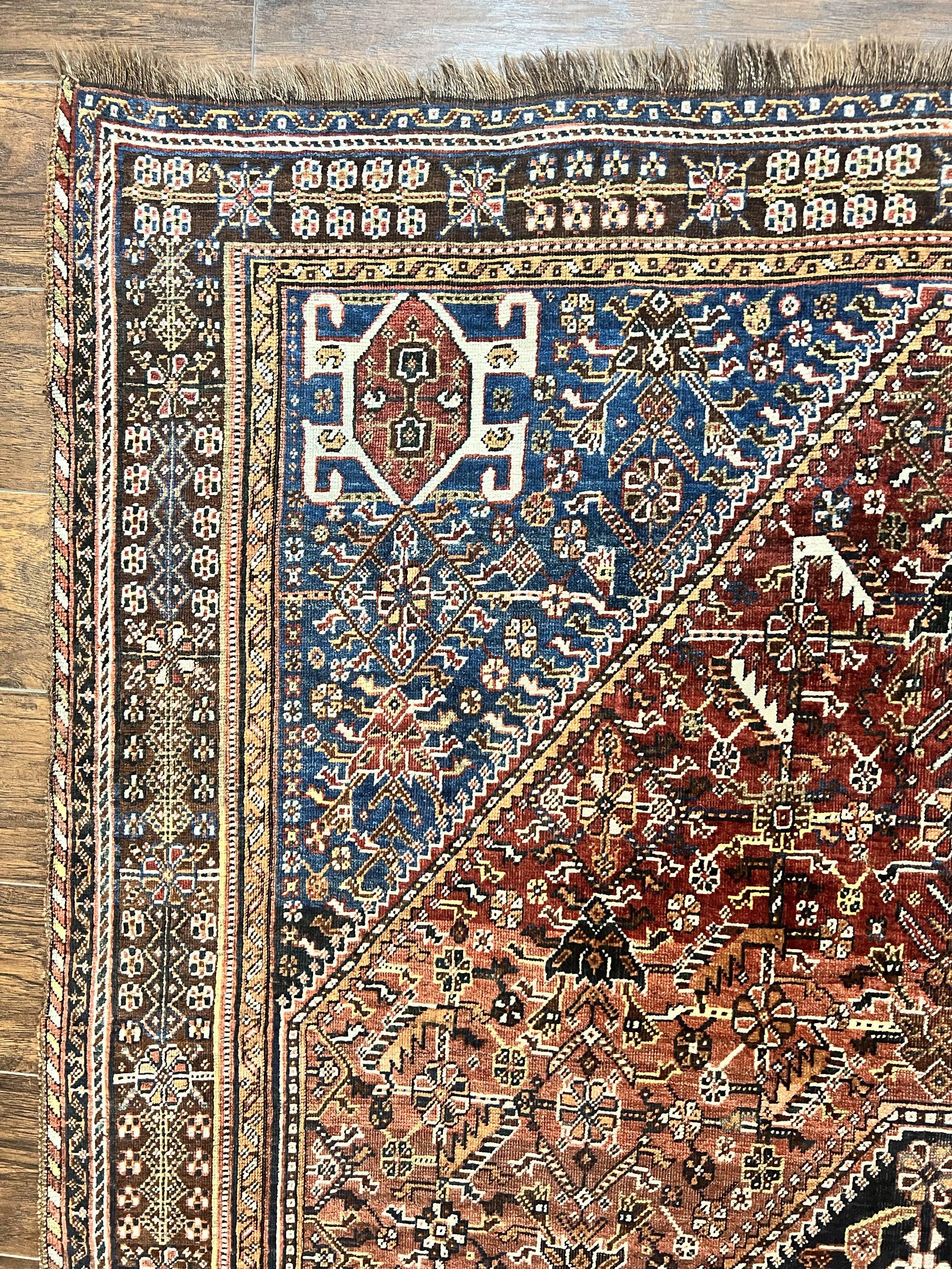 Antique Persian Shiraz Tribal Rug 6x8, Geometric Rug, Wool Handmade Hand Knotted Carpet, Red Blue