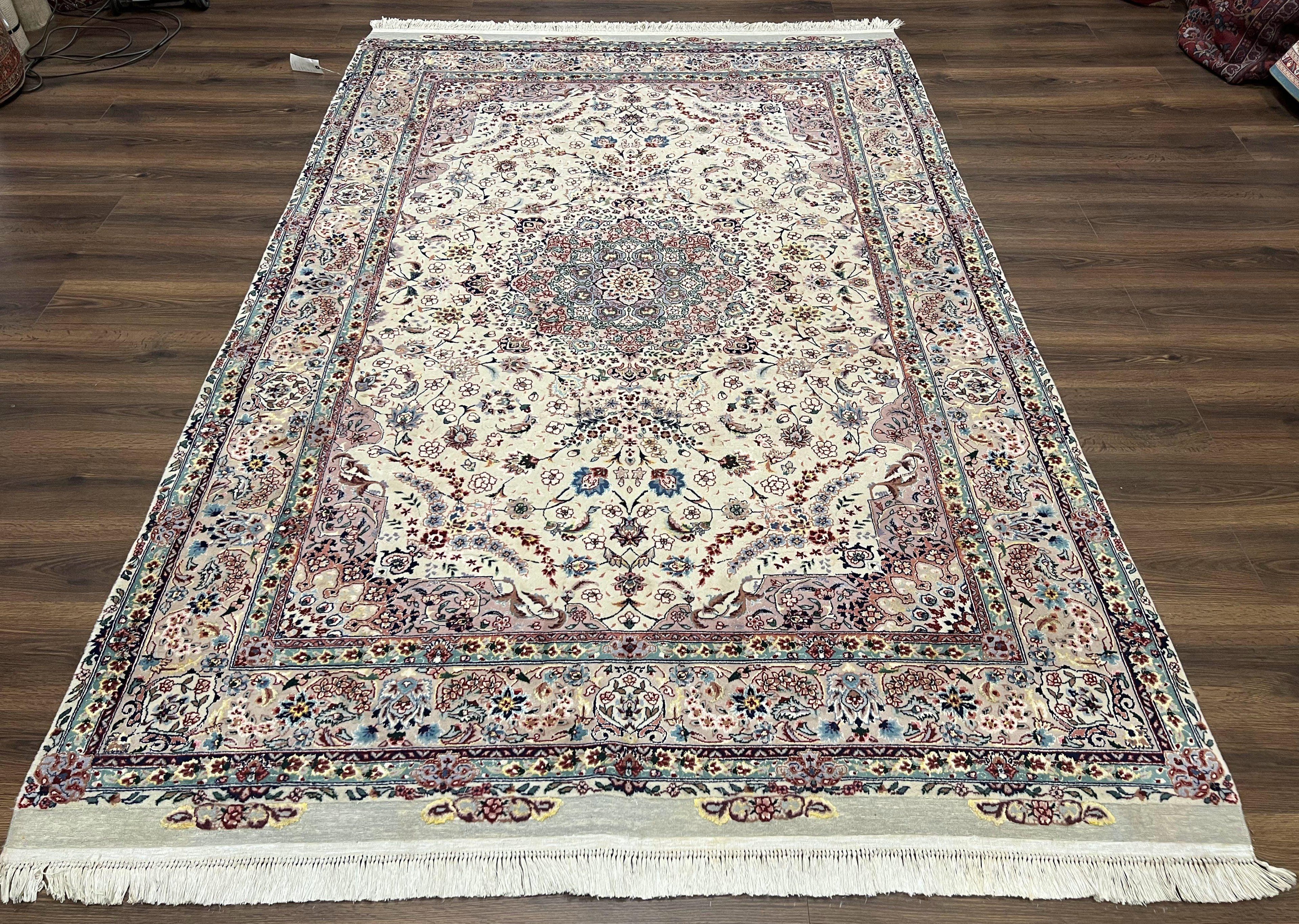 Beautiful Pak Persian Rug 6x9, Floral Medallion, Wool and Silk, Highly Detailed Elegant Carpet, Vintage Oriental Rug 6 x 9, Cream and Gray
