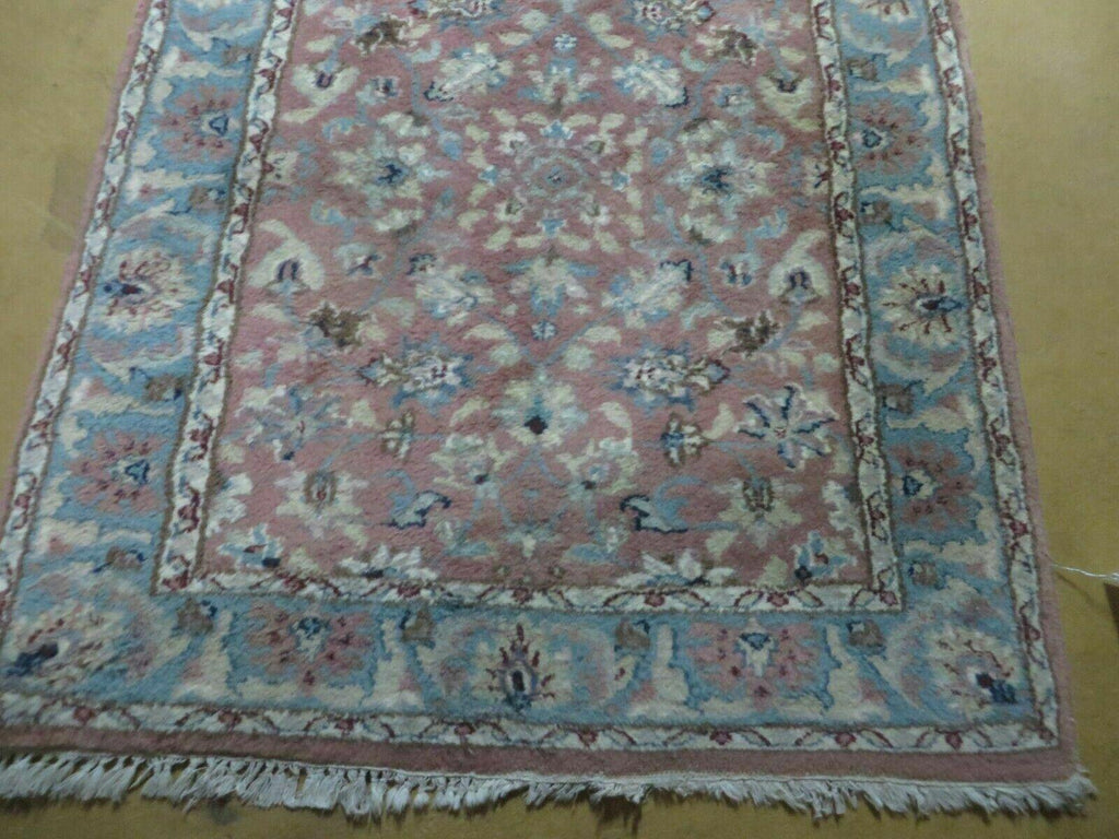 Indo Persian Runner Rug 2.8 x 12, Wool Hand Knotted, Pink and Light Blue