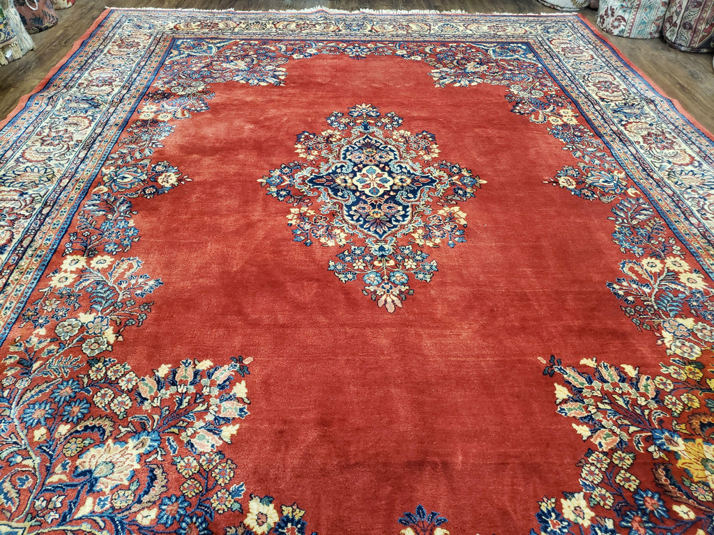 Semi Antique Persian Sarouk Rug 9x12,  Semi Open Field with Central Medallion, Hand Knotted Wool, Tomato Red, 9 x 12 Authentic Oriental Carpet