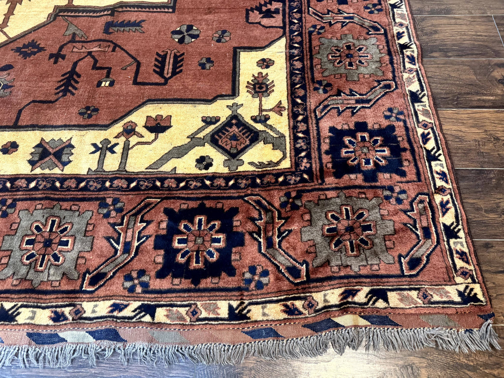 Afghan Heriz Rug 9x12, Tribal Geometric Serapi Carpet, Rust Cream and Navy, Wool on Wool